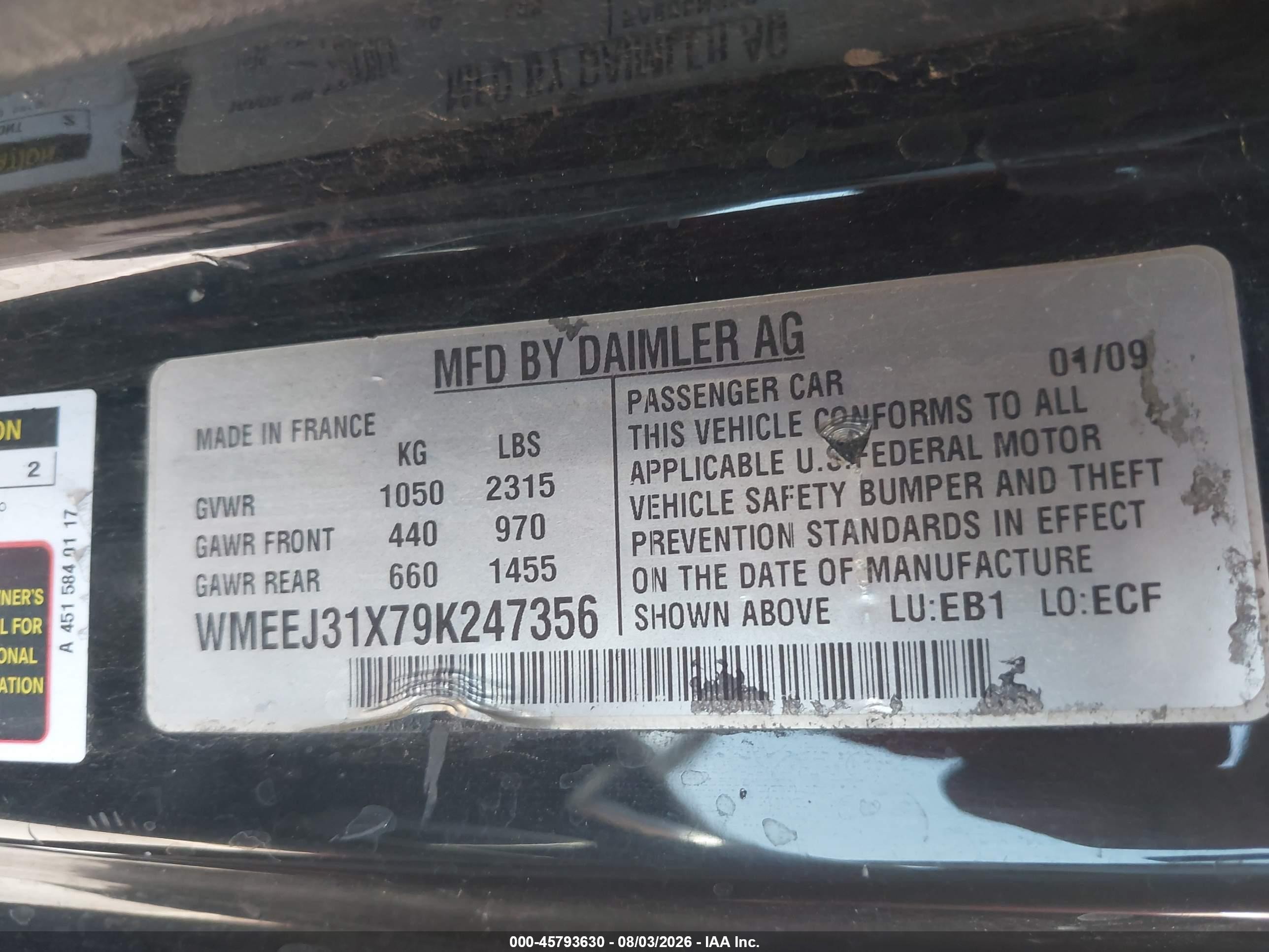 2009 Smart Fortwo VIN WMEEJ31X79K247356 IAAI salvage auction — Rear End, Salvage (Arizona), sold $850 on 2026-09-13 (photo 9)