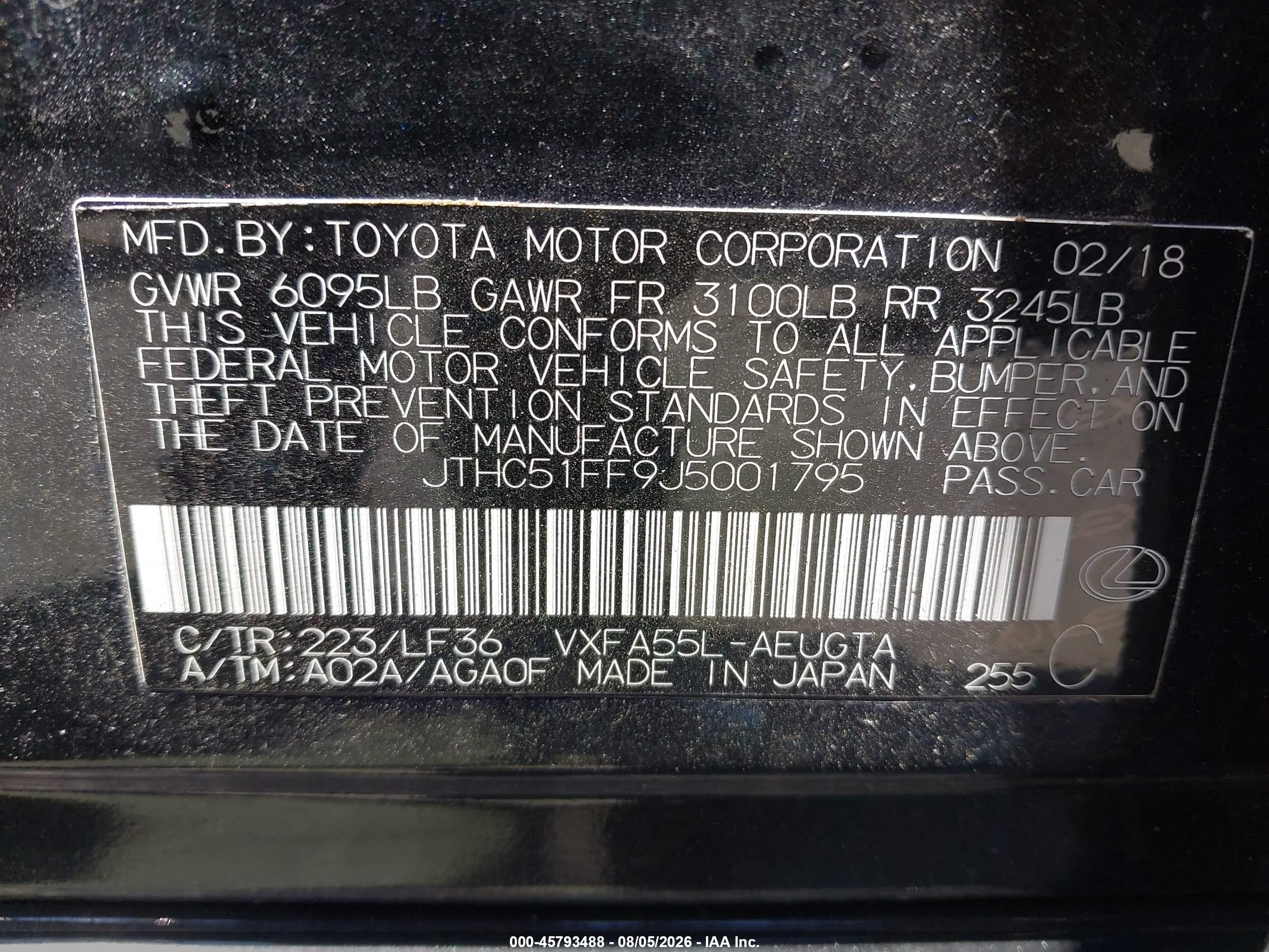2018 Lexus Ls 500 VIN JTHC51FF9J5001795 IAAI salvage auction — Front End, Mv-907A (New York), sold $14,200 on 2026-10-09 (photo 9)