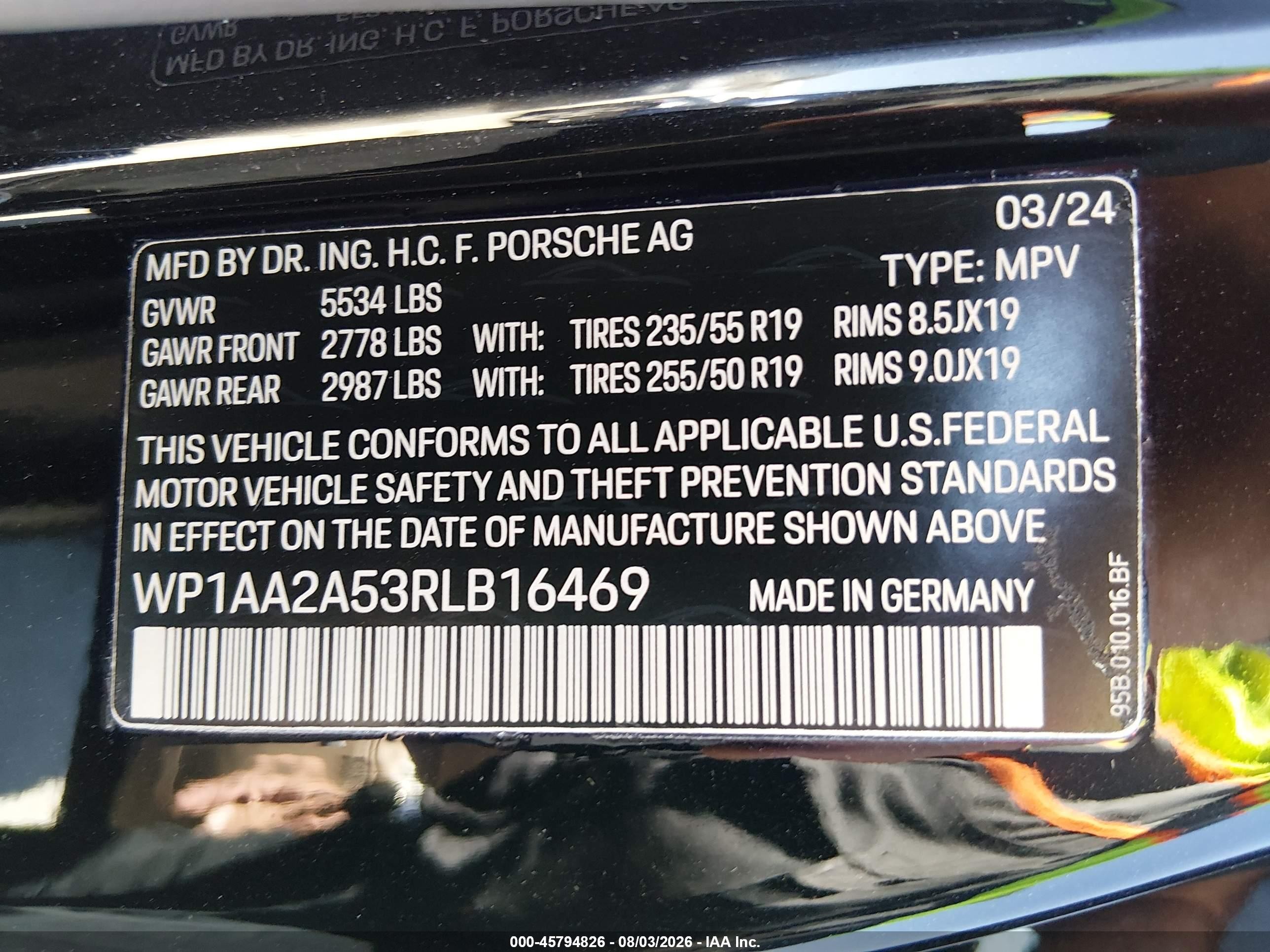 2024 Porsche Macan VIN WP1AA2A53RLB16469 IAAI salvage auction — Rear End, Salvage (California), sold $27,850 on 2026-08-17 (photo 9)