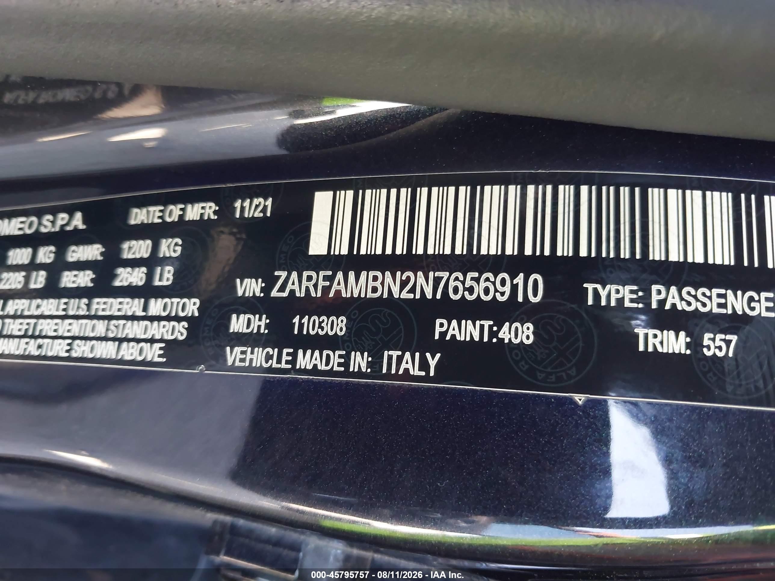 2022 Alfa Romeo Giulia VIN ZARFAMBN2N7656910 IAAI salvage auction — Front & Rear, Salvage (Texas), sold $8,200 on 2026-09-12 (photo 9)