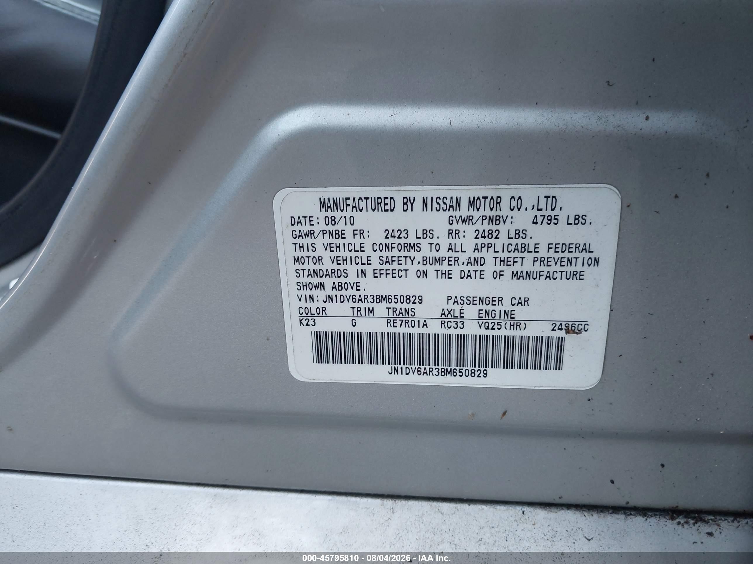 2011 Infiniti G25 VIN JN1DV6AR3BM650829 IAAI salvage auction — Normal Wear, Clear (South Carolina), sold $525 on 2026-09-09 (photo 9)