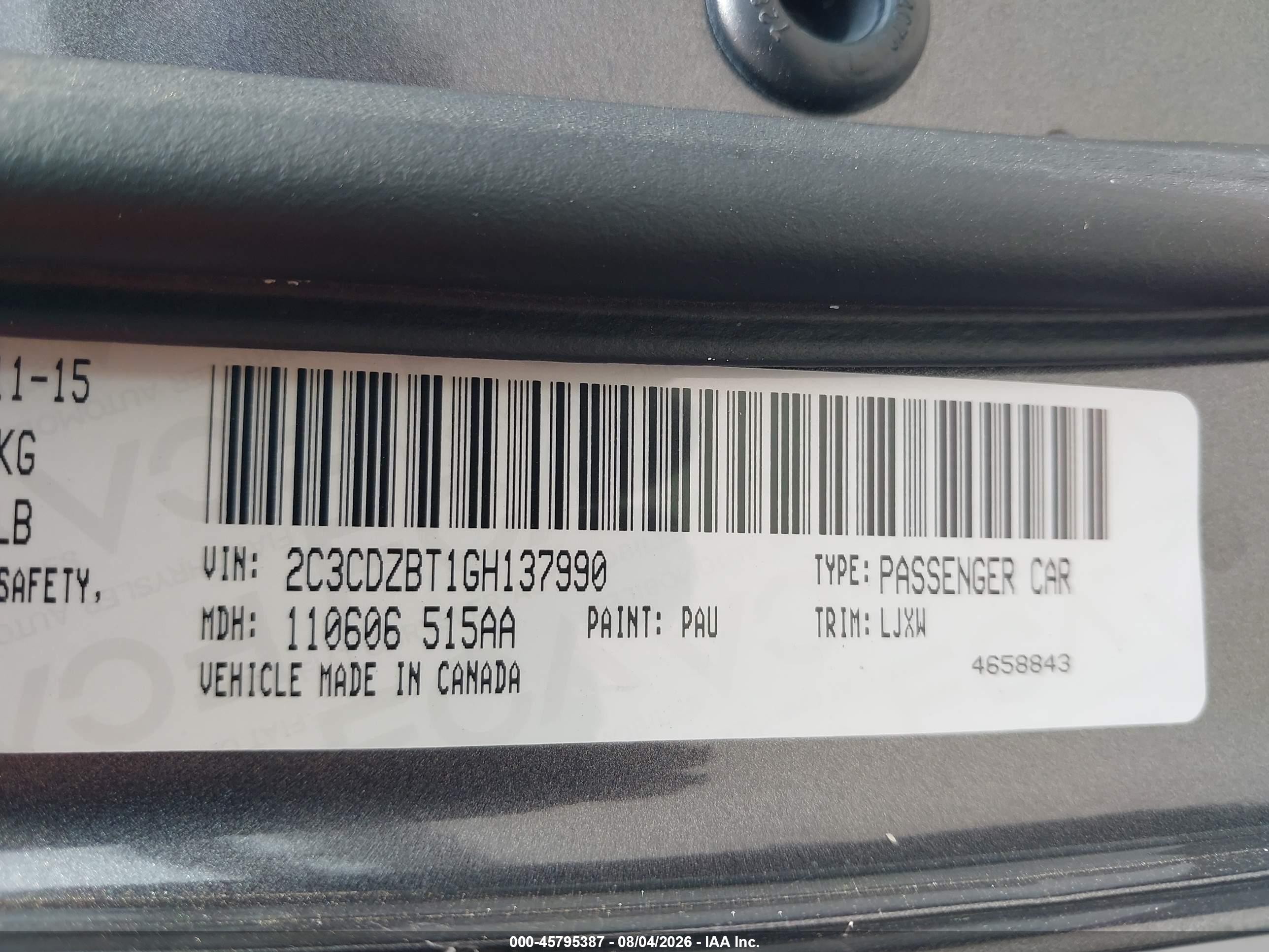 2016 Dodge Challenger VIN 2C3CDZBT1GH137990 IAAI salvage auction — Side, Original (Texas), sold $10,900 on 2026-10-08 (photo 9)