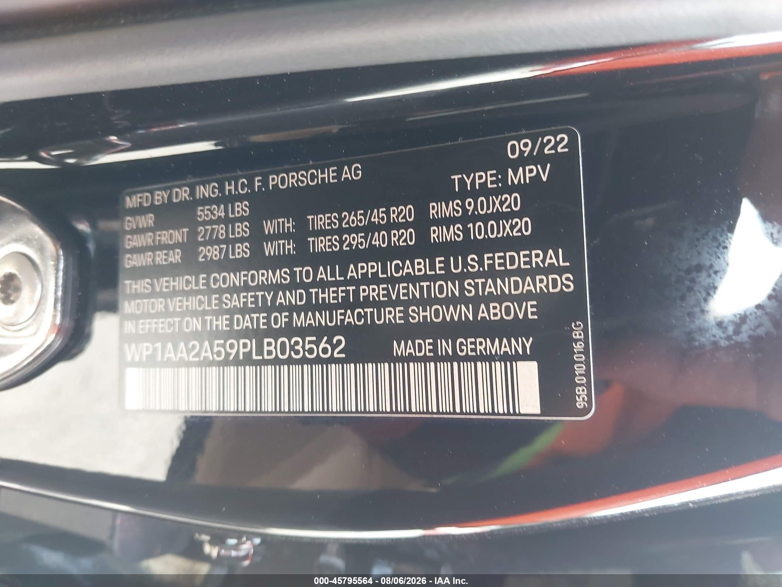2023 Porsche Macan VIN WP1AA2A59PLB03562 IAAI salvage auction — Front End, Salvage (California), sold $21,800 on 2026-09-05 (photo 9)