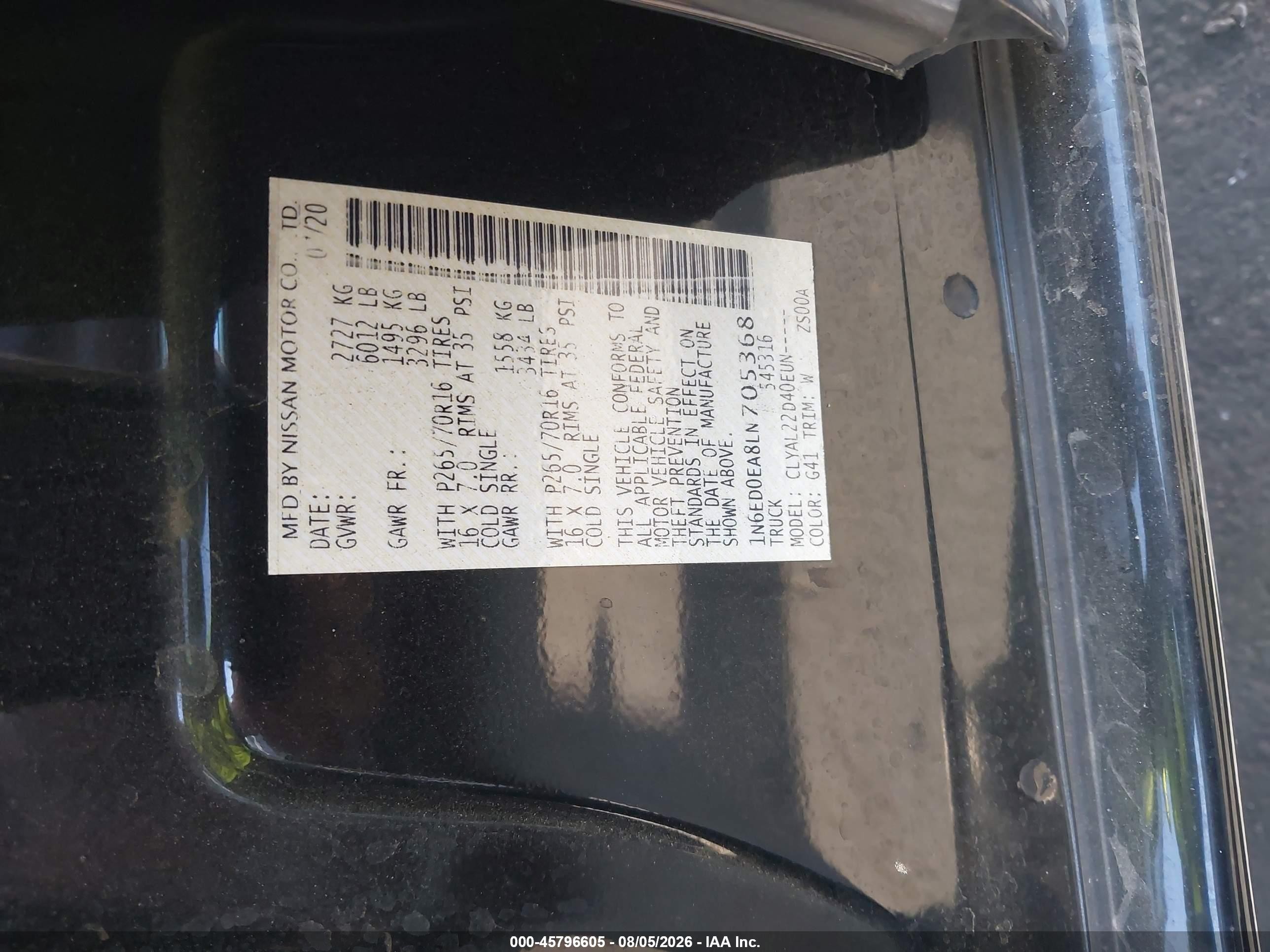 2020 Nissan Navara (frontier) VIN 1N6ED0EA8LN705368 IAAI salvage auction — Unknown, Salvage Certificate (California), sold $4,950 on 2026-09-24 (photo 9)