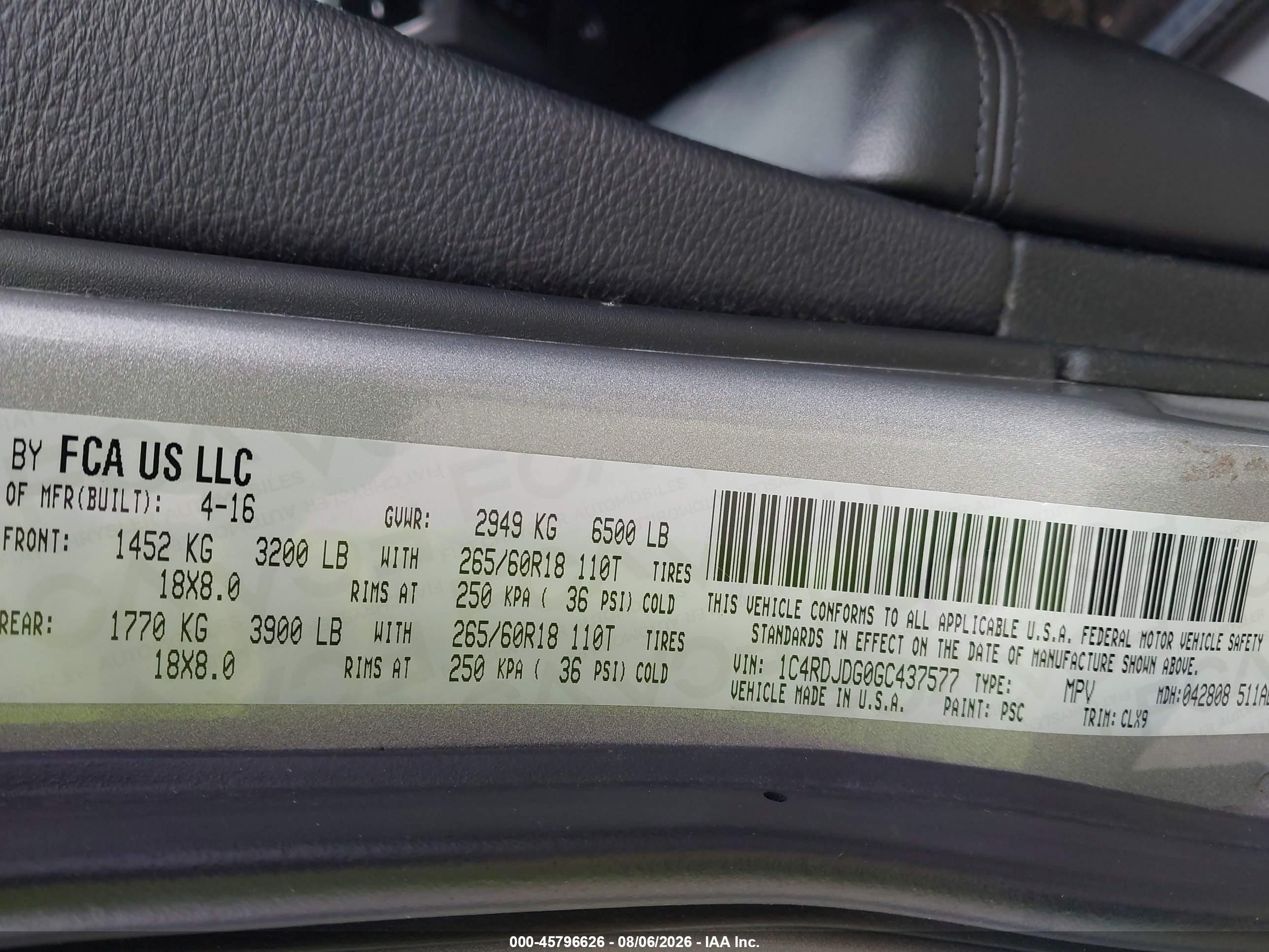 2016 Dodge Durango VIN 1C4RDJDG0GC437577 IAAI salvage auction — Normal Wear, Clear (Montana), sold $1,225 on 2026-09-08 (photo 9)