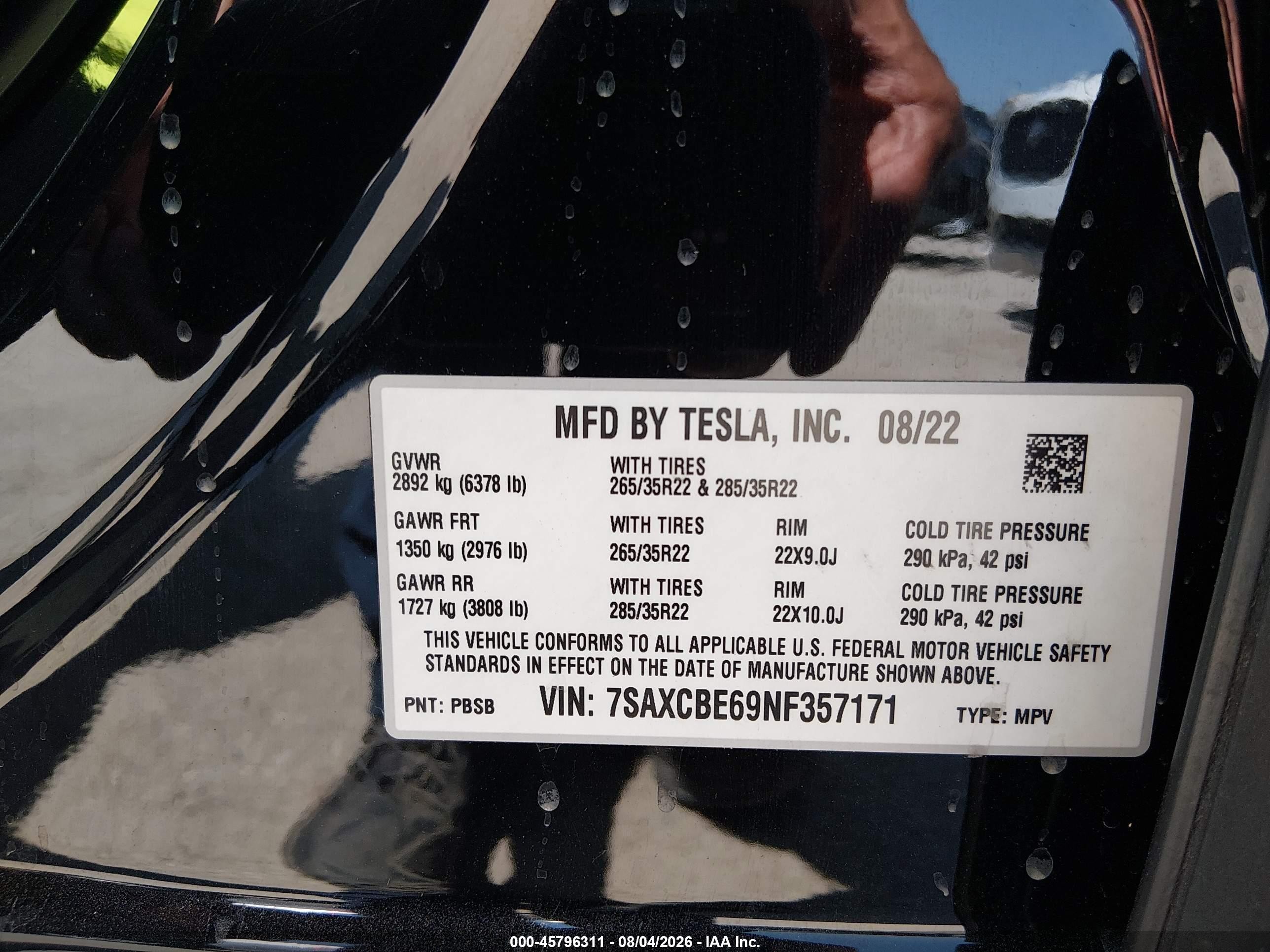 2022 Tesla Model x VIN 7SAXCBE69NF357171 IAAI salvage auction — Rear End, Salvage (California), sold $25,825 on 2026-08-27 (photo 9)