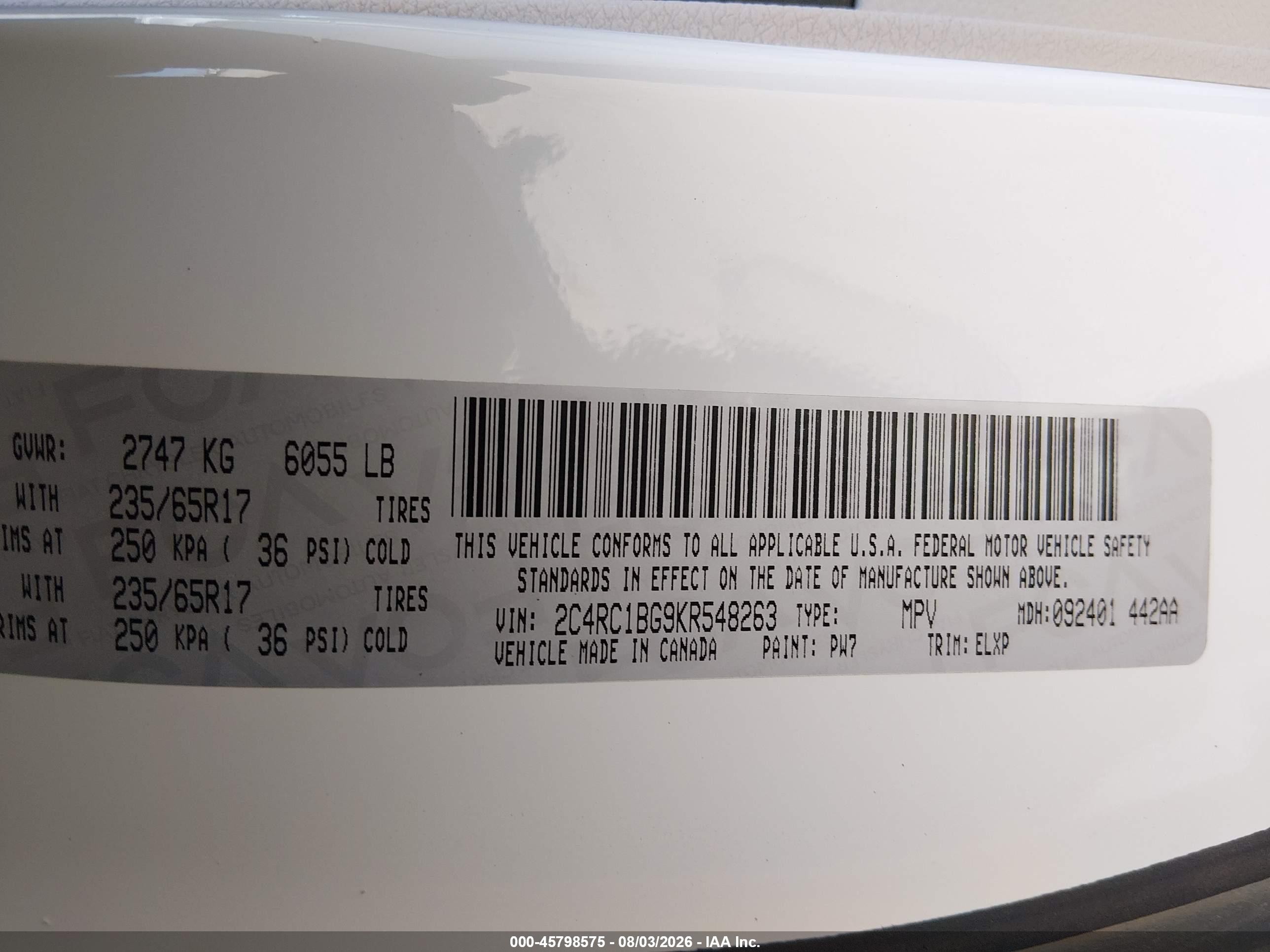 2019 Chrysler Pacifica VIN 2C4RC1BG9KR548263 IAAI salvage auction — Side, Salvage (Hawaii), sold $4,500 on 2026-08-21 (photo 9)