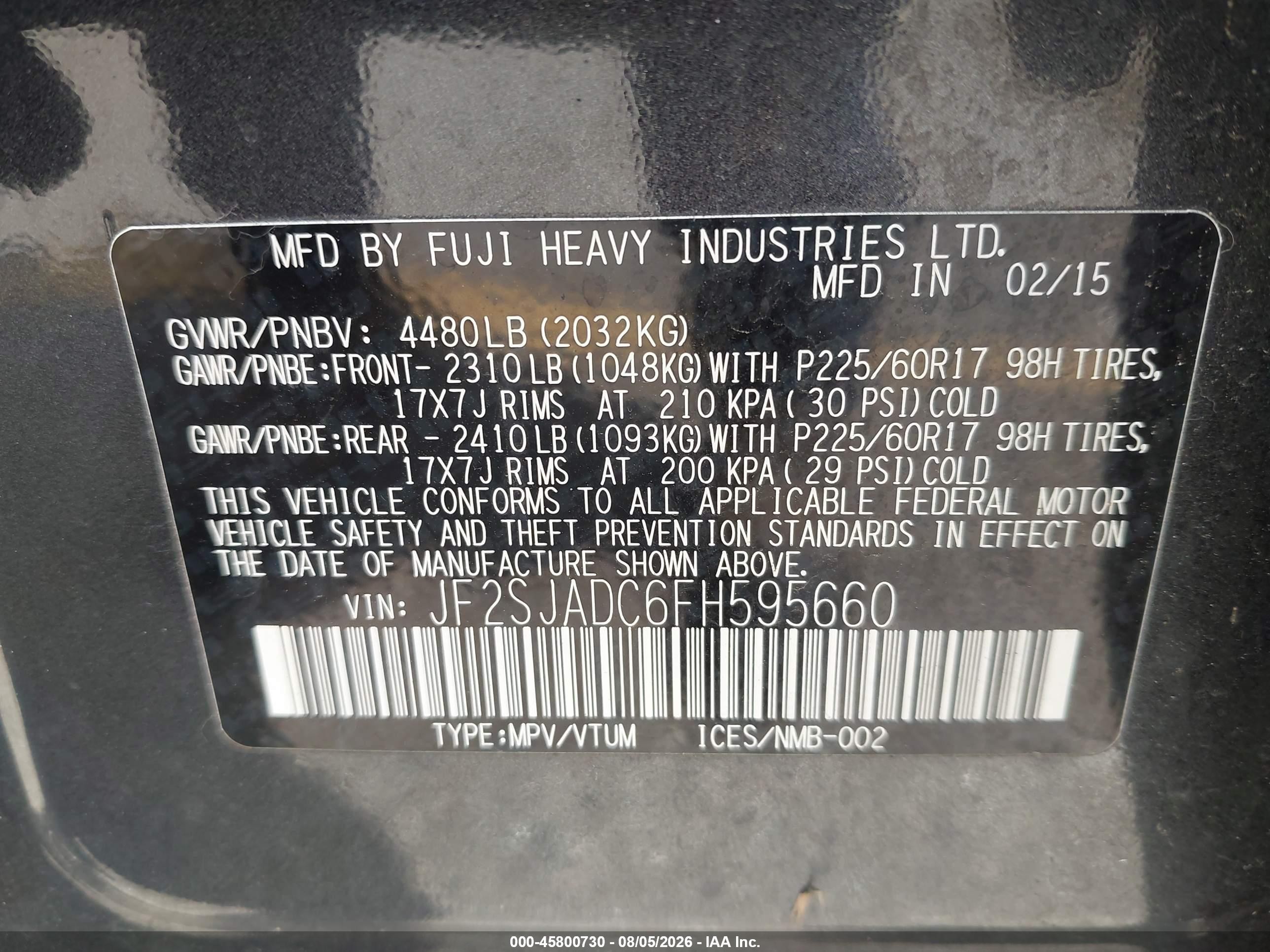 2015 Subaru Forester VIN JF2SJADC6FH595660 IAAI salvage auction — Side, Original (Texas), sold $1,725 on 2026-09-09 (photo 9)