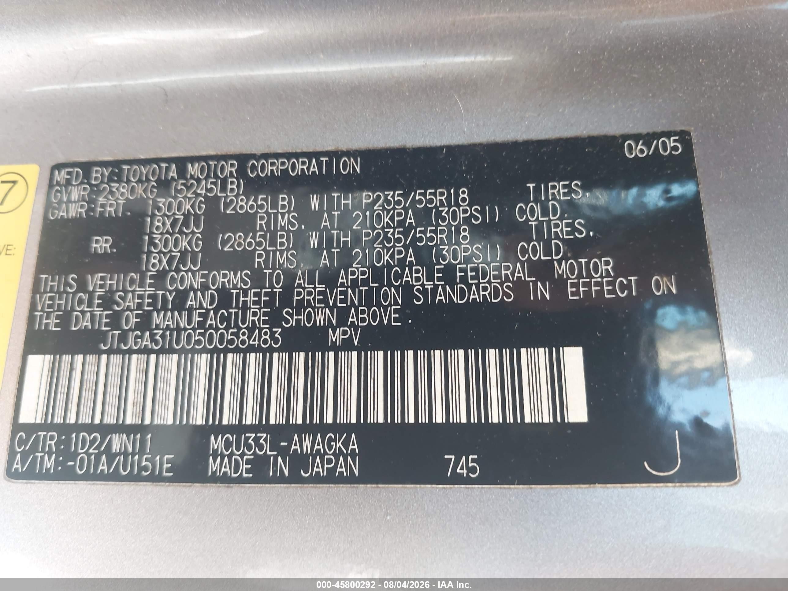 2005 Lexus Rx 330 VIN JTJGA31U050058483 IAAI salvage auction — Normal Wear, Clear (South Carolina), sold $650 on 2026-09-08 (photo 9)