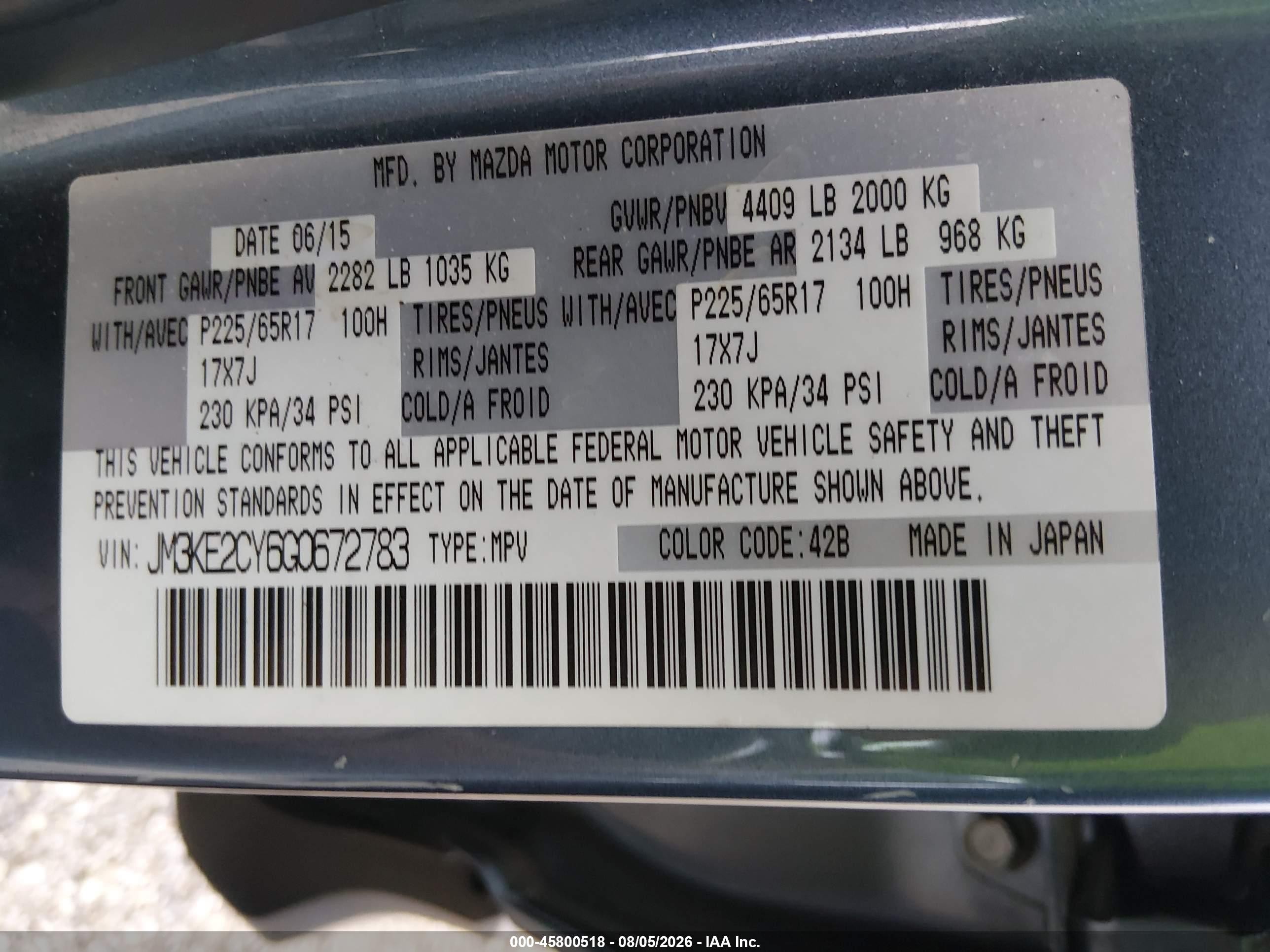 2016 Mazda Cx-5 VIN JM3KE2CY6G0672783 IAAI salvage auction — Front End, Salvage (Illinois), sold $2,700 on 2026-09-02 (photo 9)