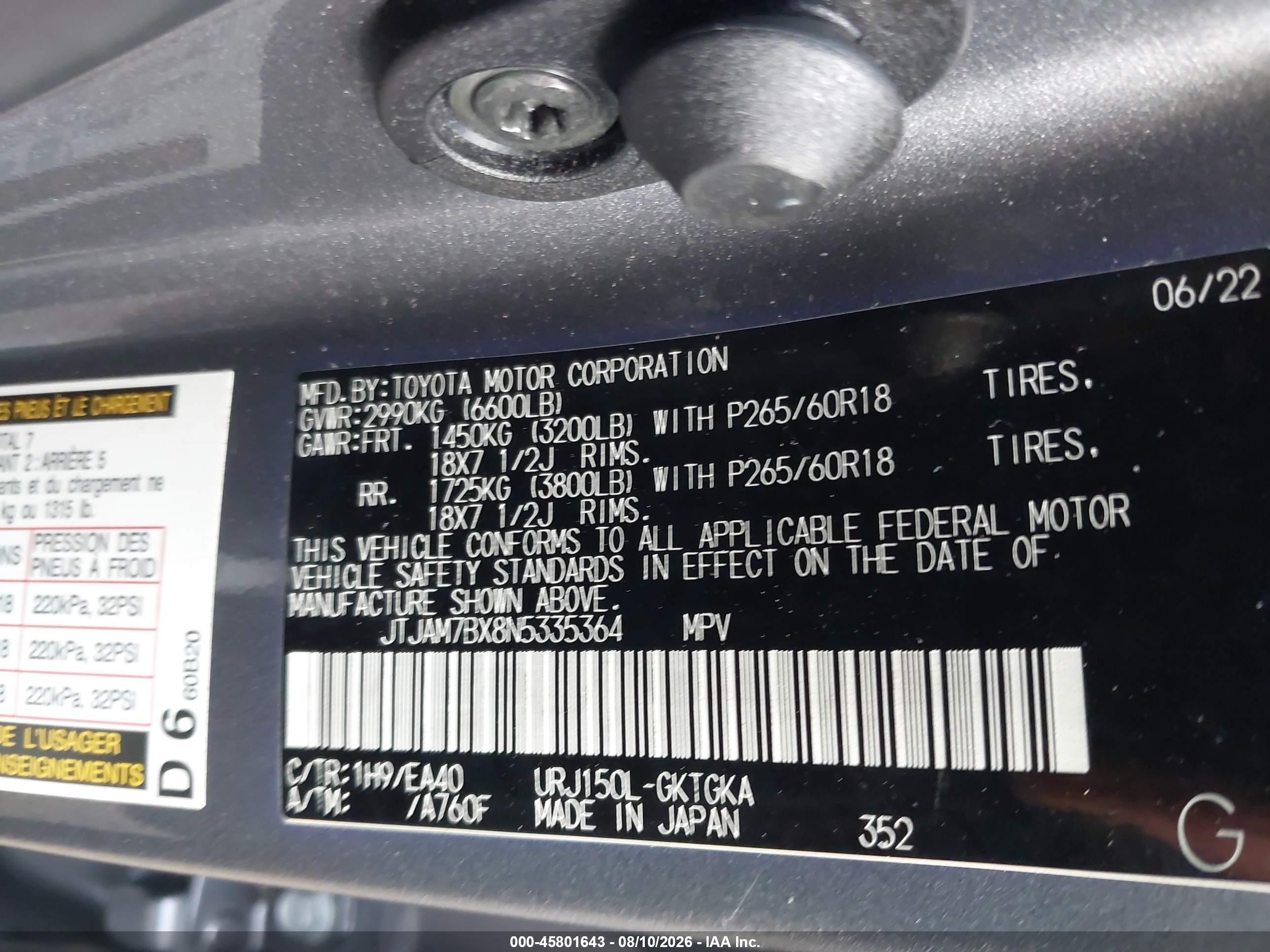2022 Lexus Gx VIN JTJAM7BX8N5335364 IAAI salvage auction — Theft, Salvage - Greater Than 75% (Maryland), sold $28,650 on 2026-09-08 (photo 9)