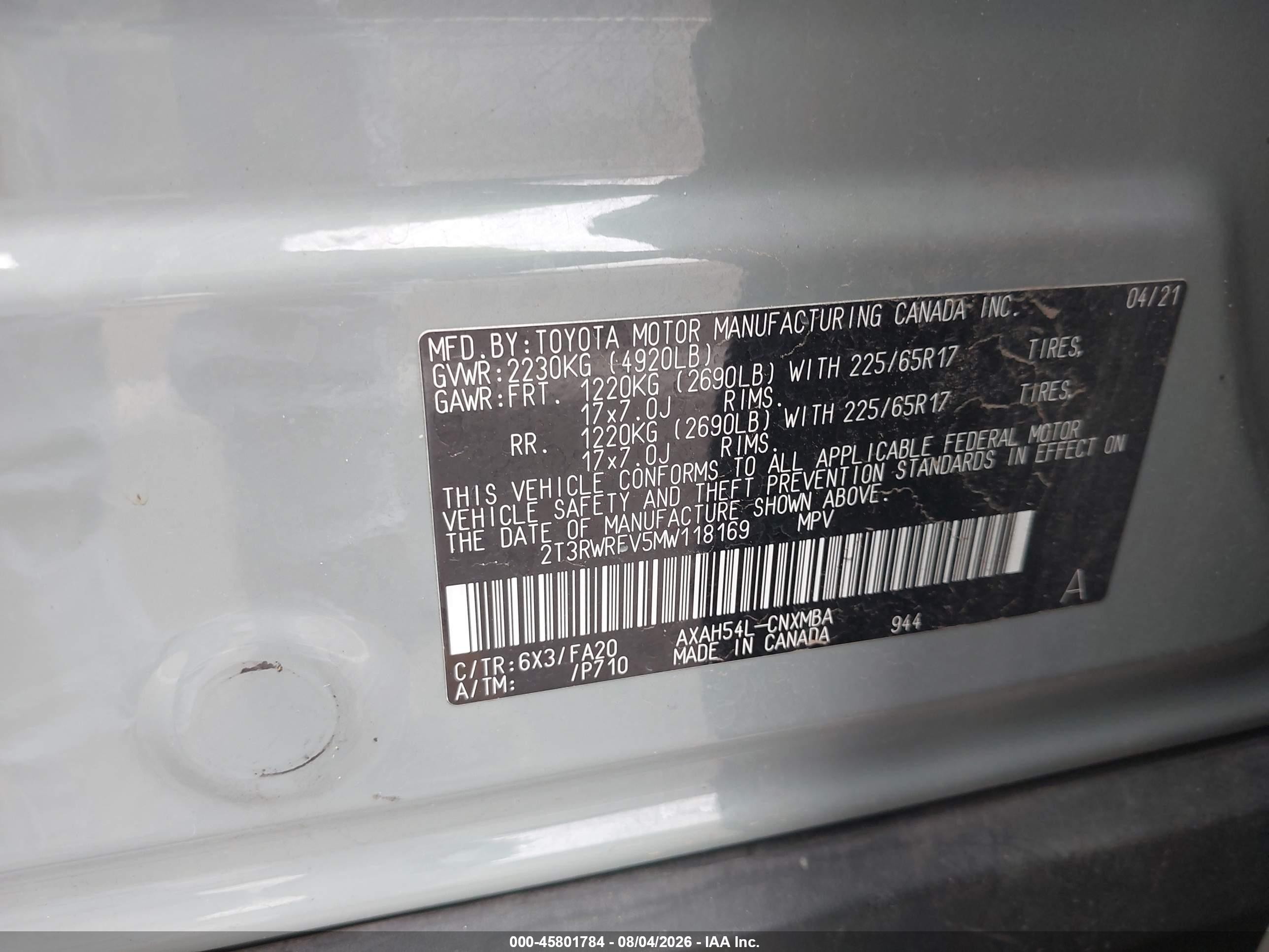 2021 Toyota Rav 4 VIN 2T3RWRFV5MW118169 IAAI salvage auction — Front End, Salvage (Arizona), sold $8,400 on 2026-09-13 (photo 9)