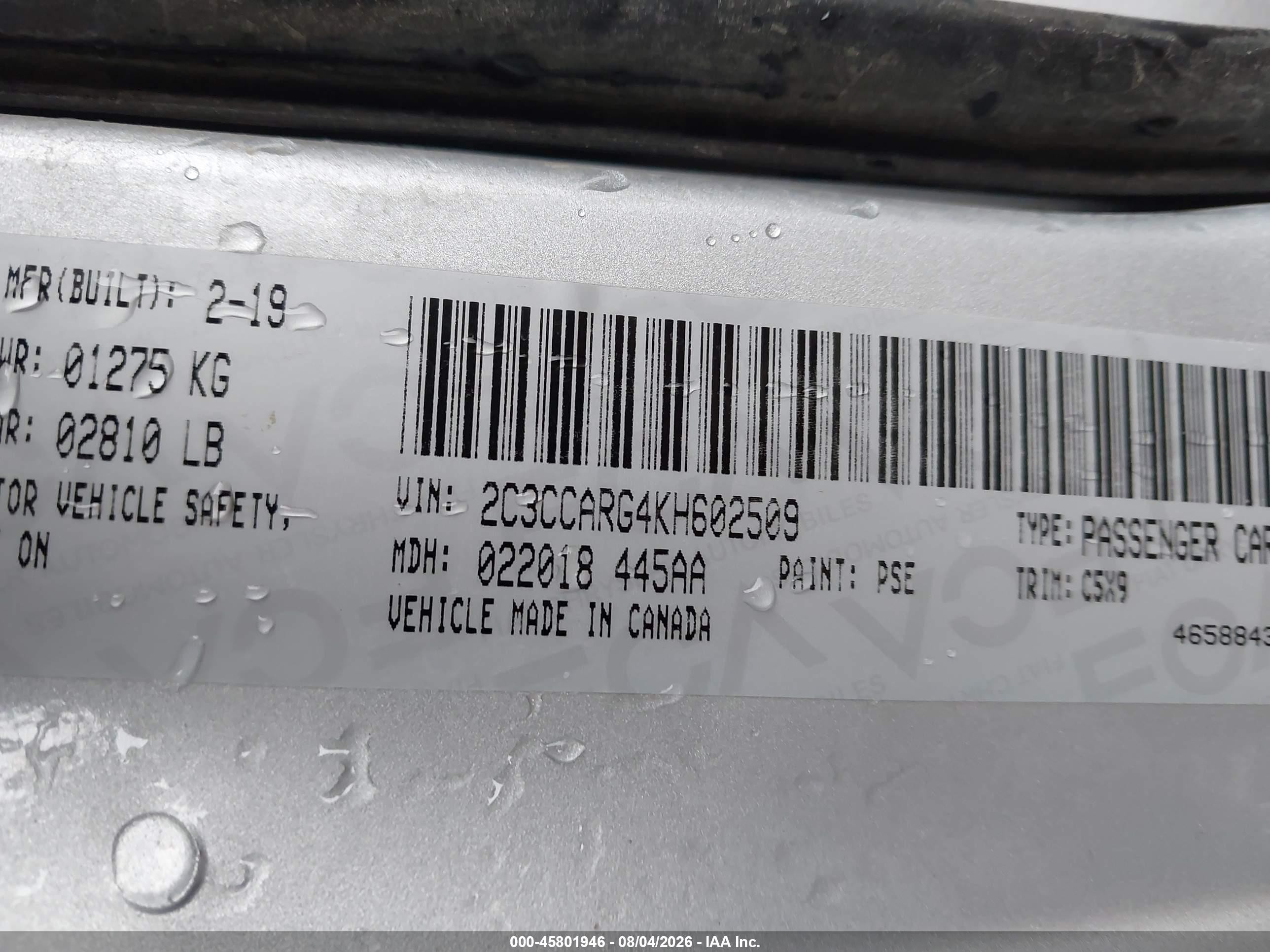 2019 Chrysler 300 VIN 2C3CCARG4KH602509 IAAI salvage auction — Side, Certificate Of Title (Nebraska), sold $2,750 on 2026-09-14 (photo 9)
