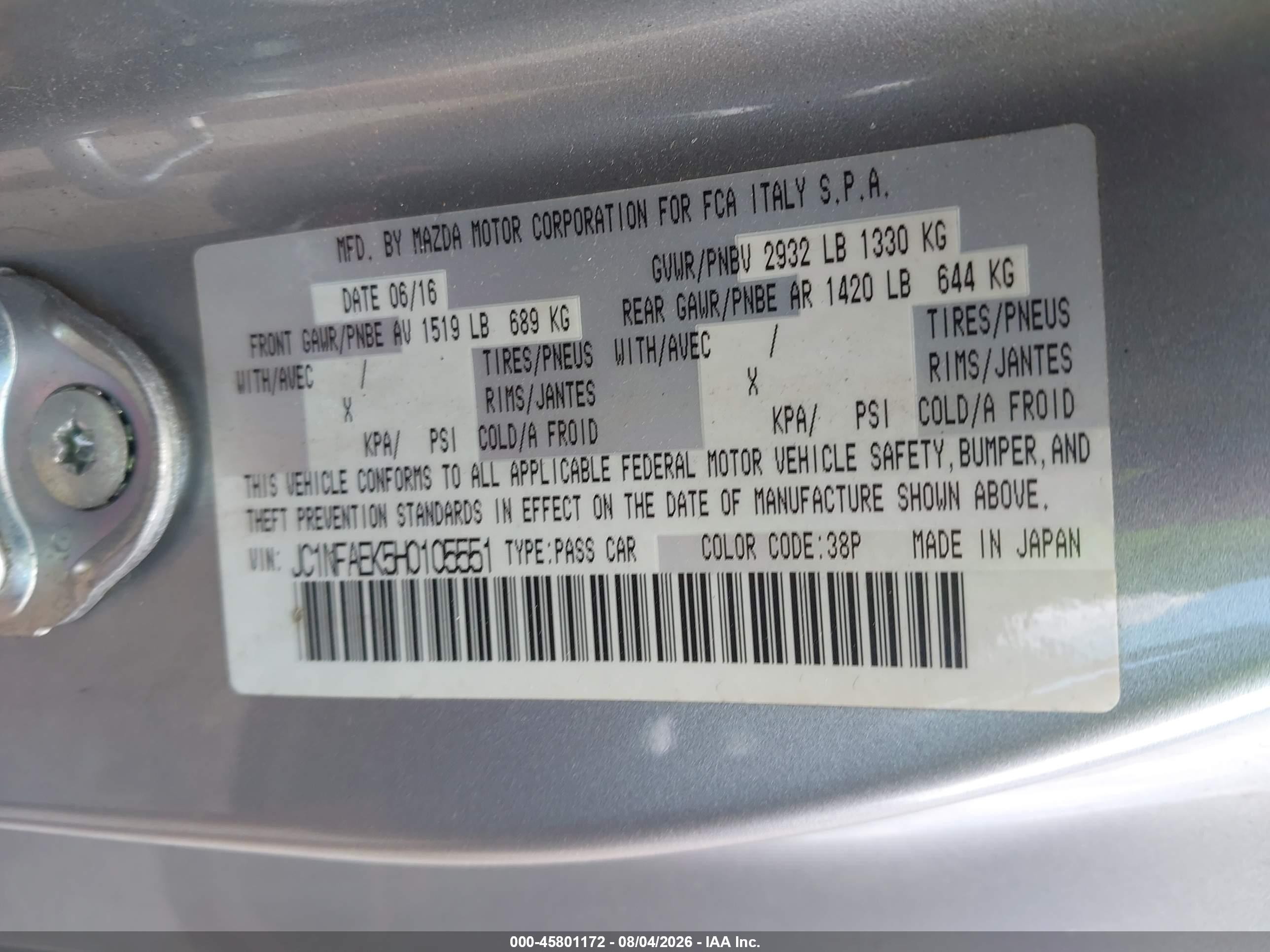2017 Fiat 124 Spider VIN JC1NFAEK5H0105551 IAAI salvage auction — Unknown, Salvage (Tennessee), sold $1,400 on 2026-09-12 (photo 9)