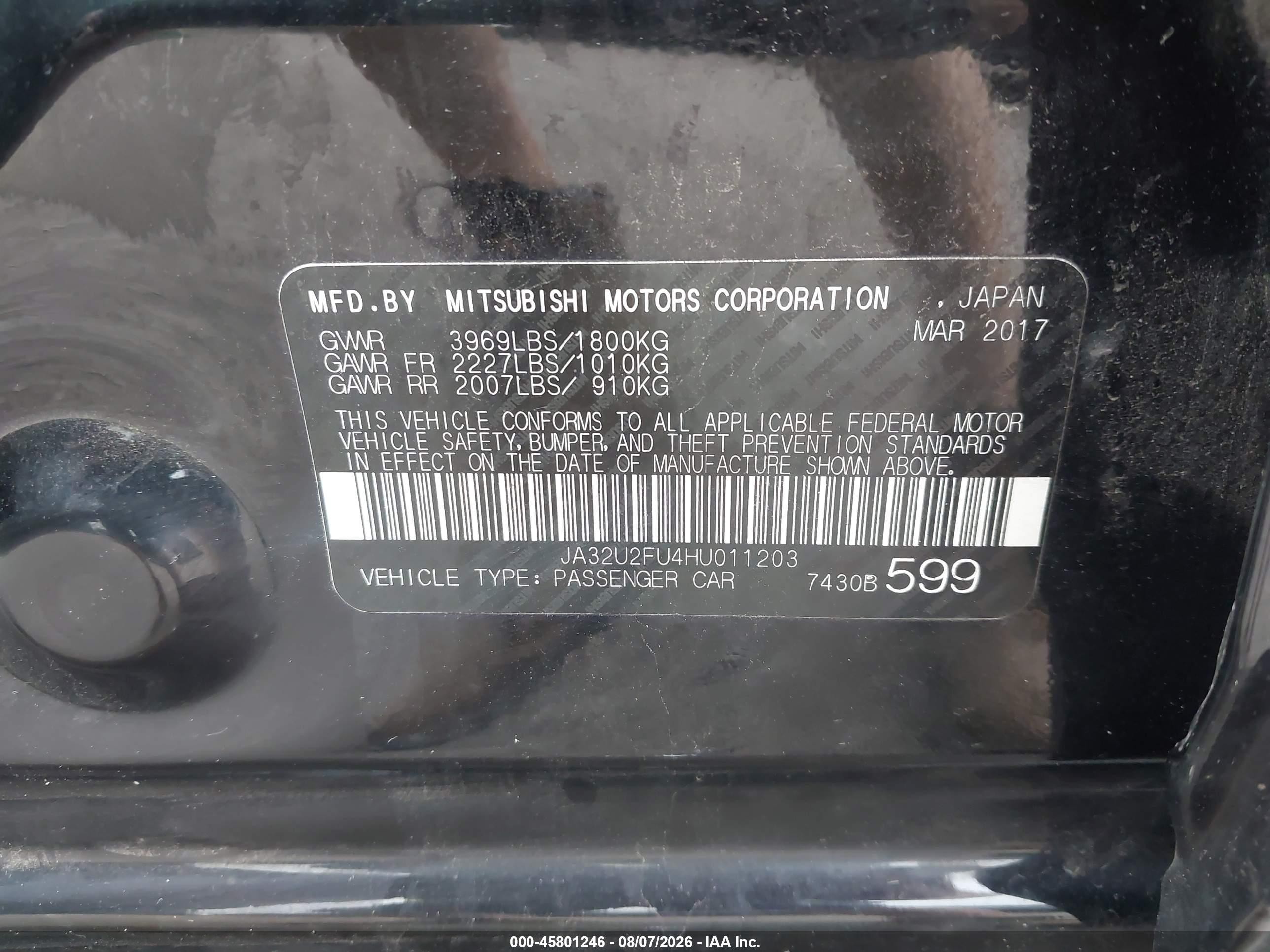 2017 Mitsubishi Lancer VIN JA32U2FU4HU011203 IAAI salvage auction — Rear End, Prior Salvage (Minnesota), sold $1,100 on 2026-09-24 (photo 9)