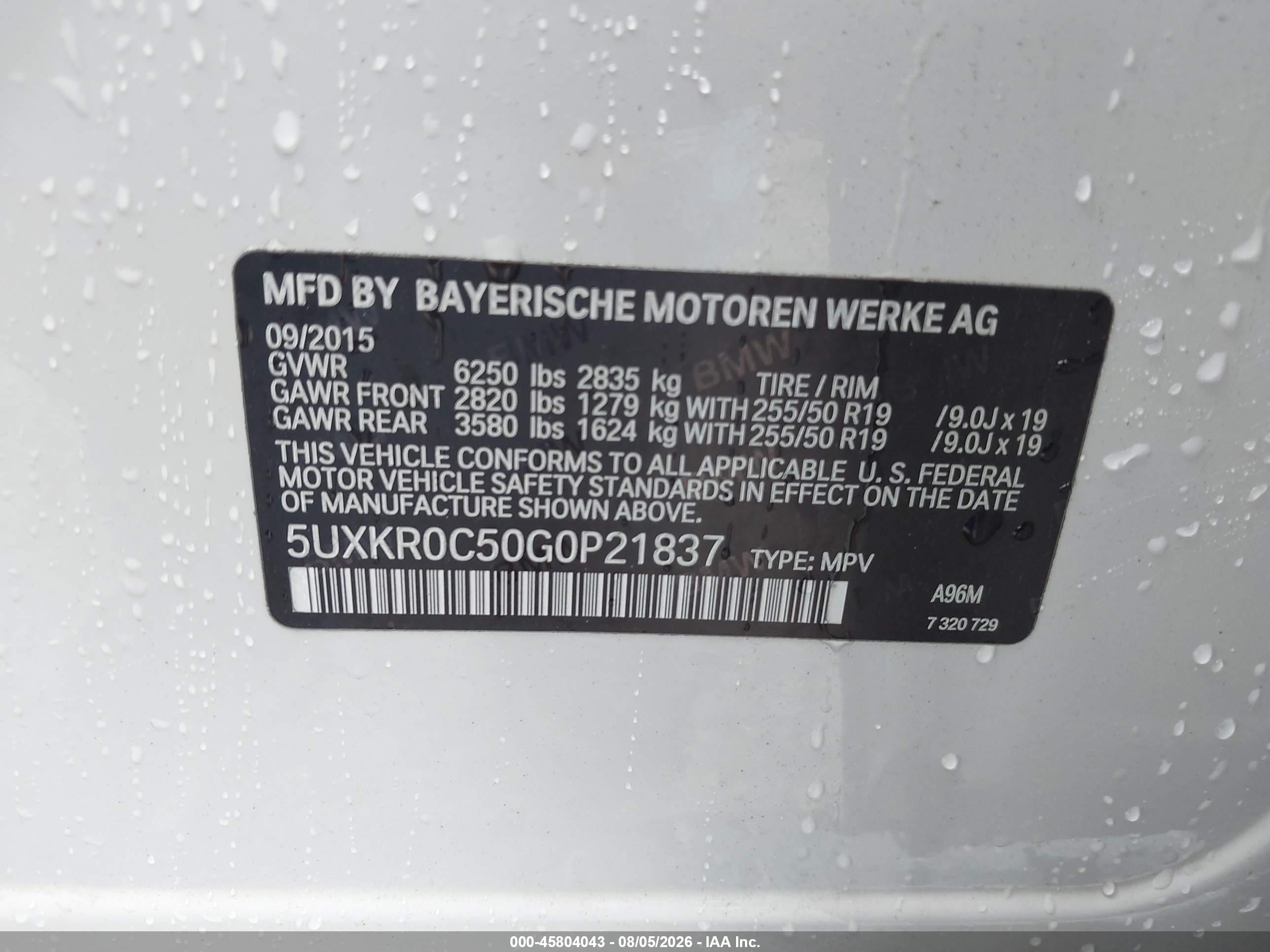 2016 BMW X5 VIN 5UXKR0C50G0P21837 IAAI salvage auction — Front End, Salvage (Pennsylvania), sold $2,500 on 2026-09-27 (photo 9)