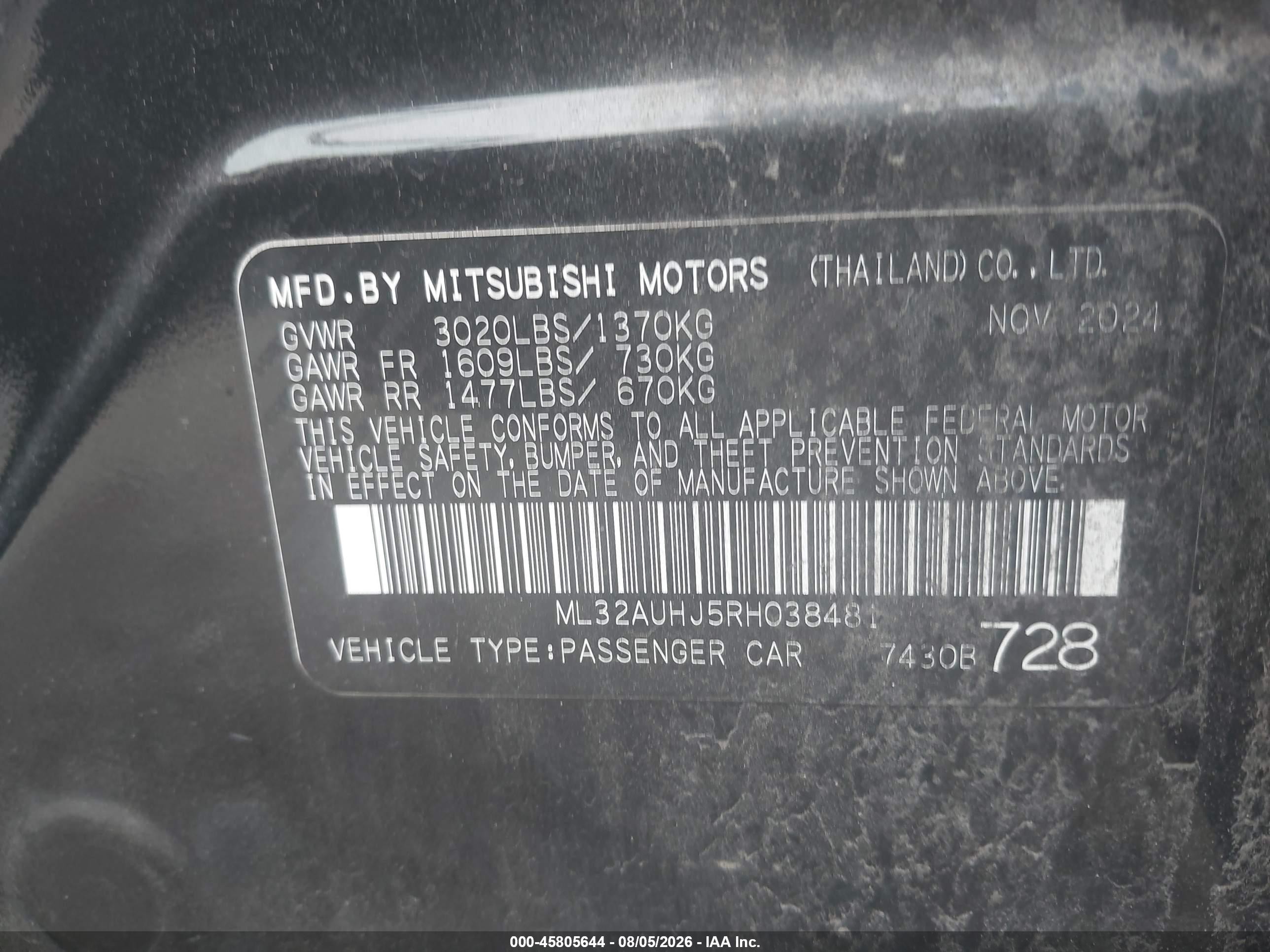 2024 Mitsubishi Mirage VIN ML32AUHJ5RH038481 IAAI salvage auction — Front End, Salvage (Pennsylvania), sold $1,250 on 2026-09-13 (photo 9)