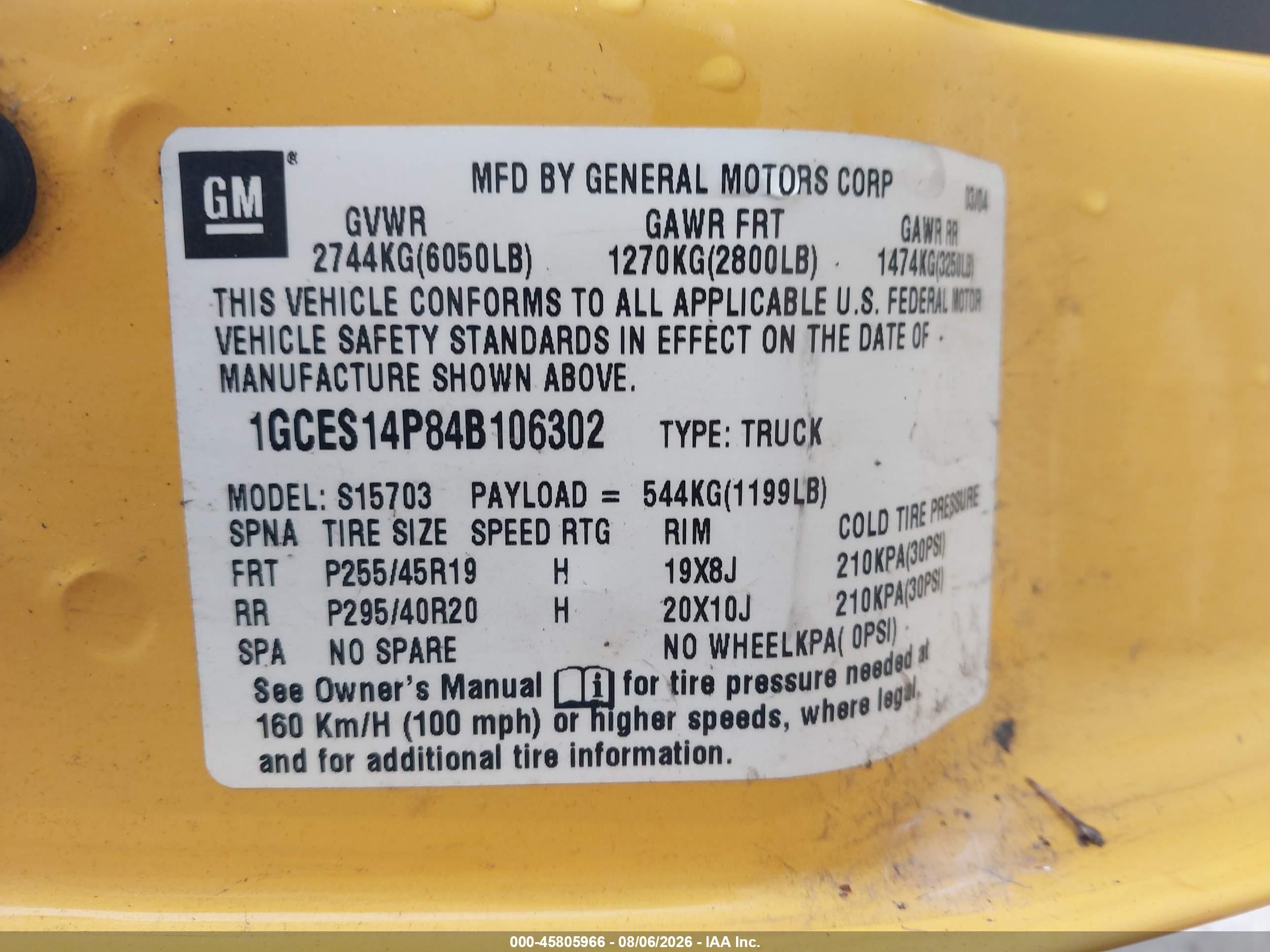 2004 Chevrolet Ssr VIN 1GCES14P84B106302 IAAI salvage auction — Front End, Clear (Michigan), sold $9,800 on 2026-09-08 (photo 9)