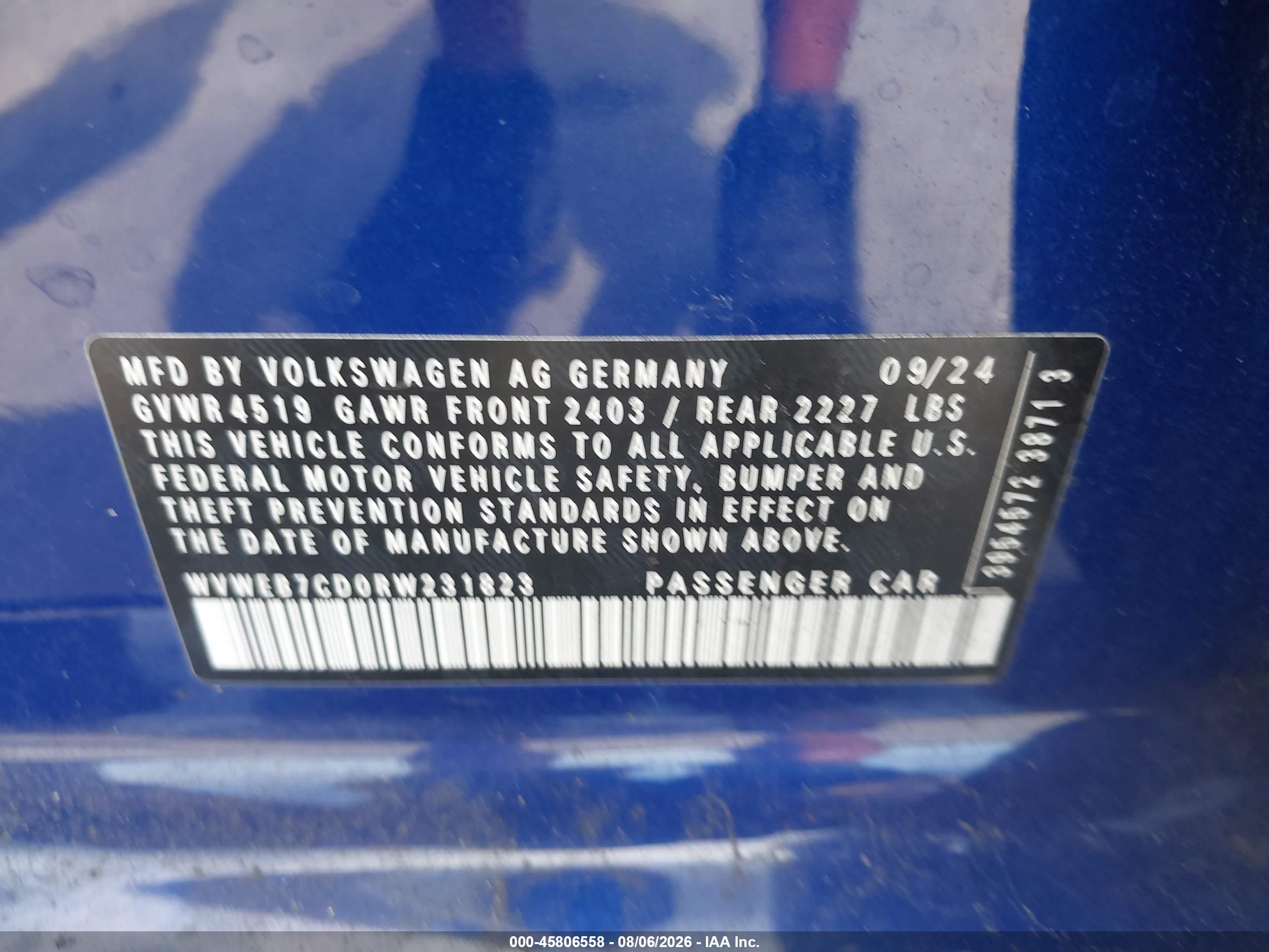 2024 Volkswagen Golf r VIN WVWEB7CD0RW231823 IAAI salvage auction — Side, Certificate Of Destruction (Florida), sold $11,150 on 2026-09-08 (photo 9)