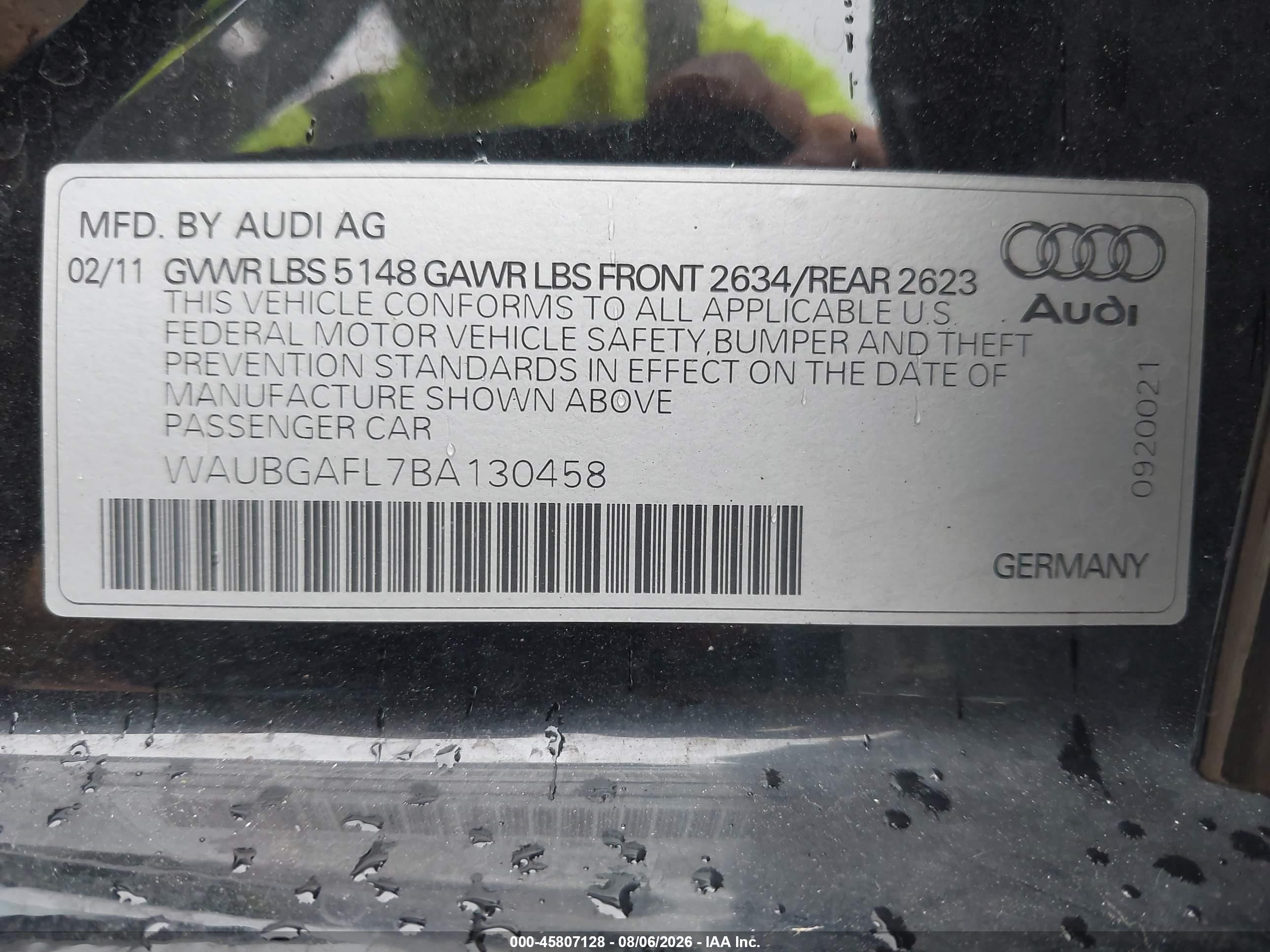 2011 Audi S4 VIN WAUBGAFL7BA130458 IAAI salvage auction — Front End, Clear (Indiana), sold $1,850 on 2026-09-13 (photo 9)