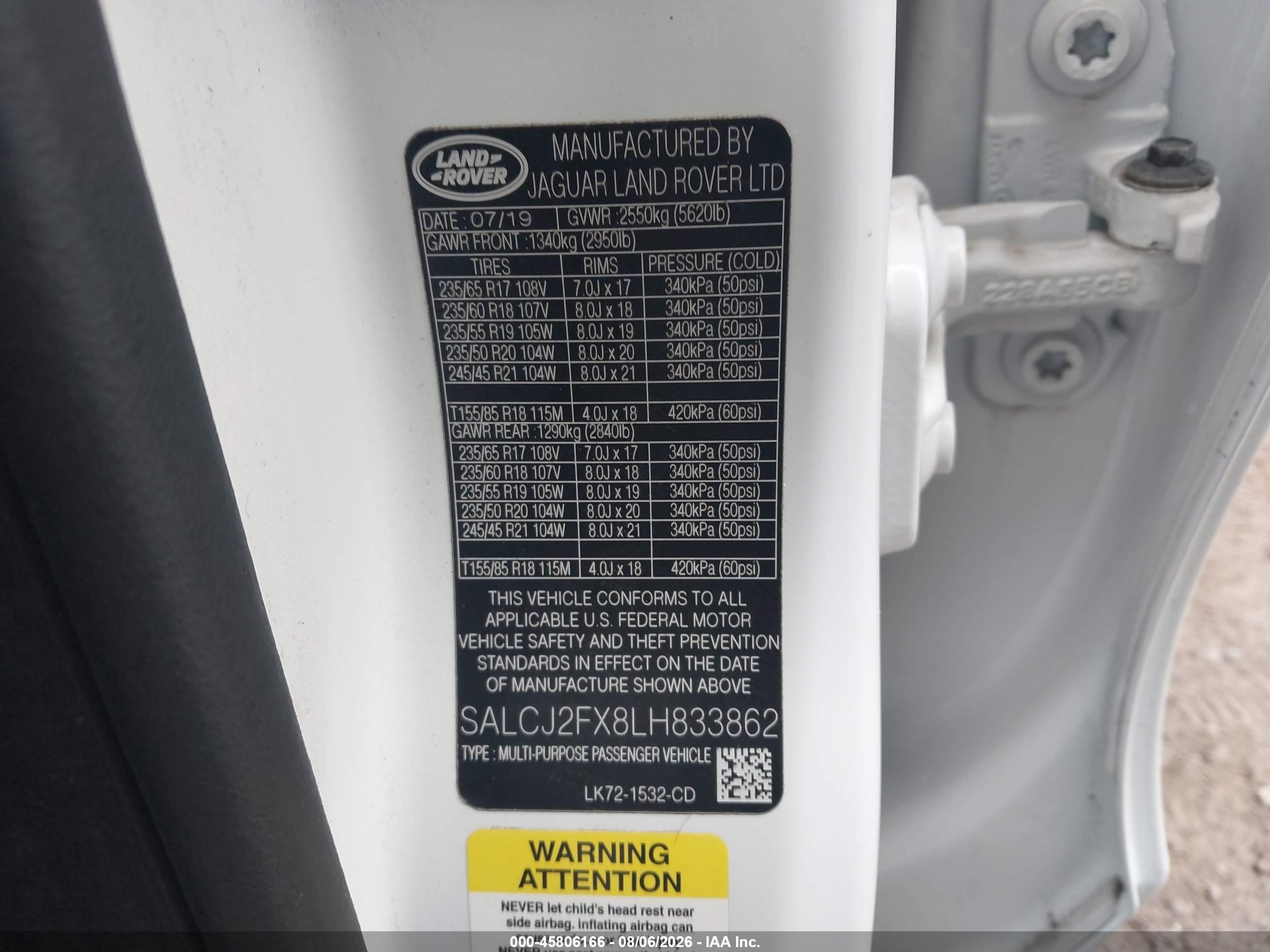 2020 Land Rover Discovery Sport VIN SALCJ2FX8LH833862 IAAI salvage auction — Side, Salvage (Pennsylvania), sold $7,200 on 2026-09-12 (photo 9)