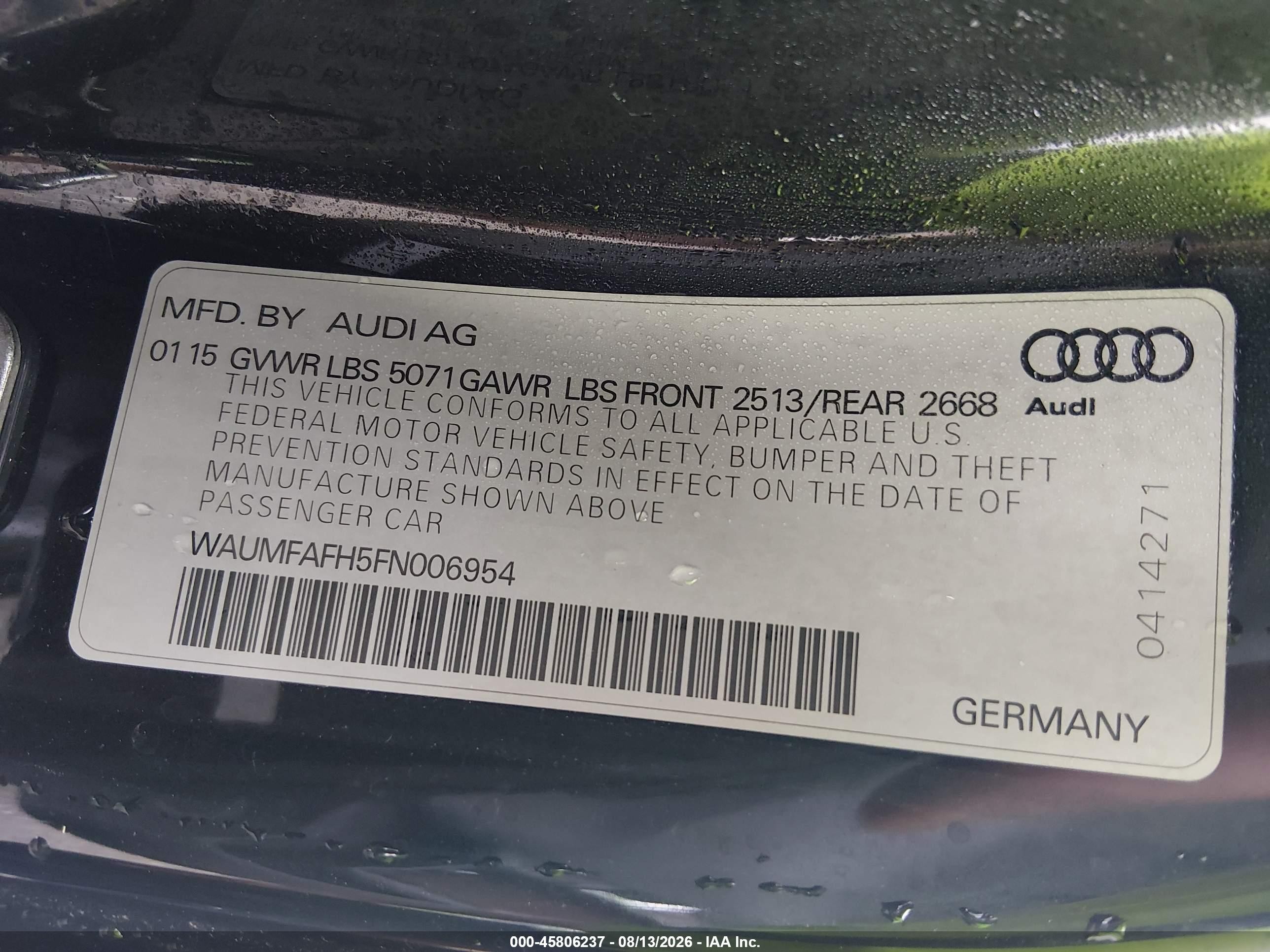 2015 Audi A5 VIN WAUMFAFH5FN006954 IAAI salvage auction — Side, Clear (Indiana), sold $2,900 on 2026-09-10 (photo 9)