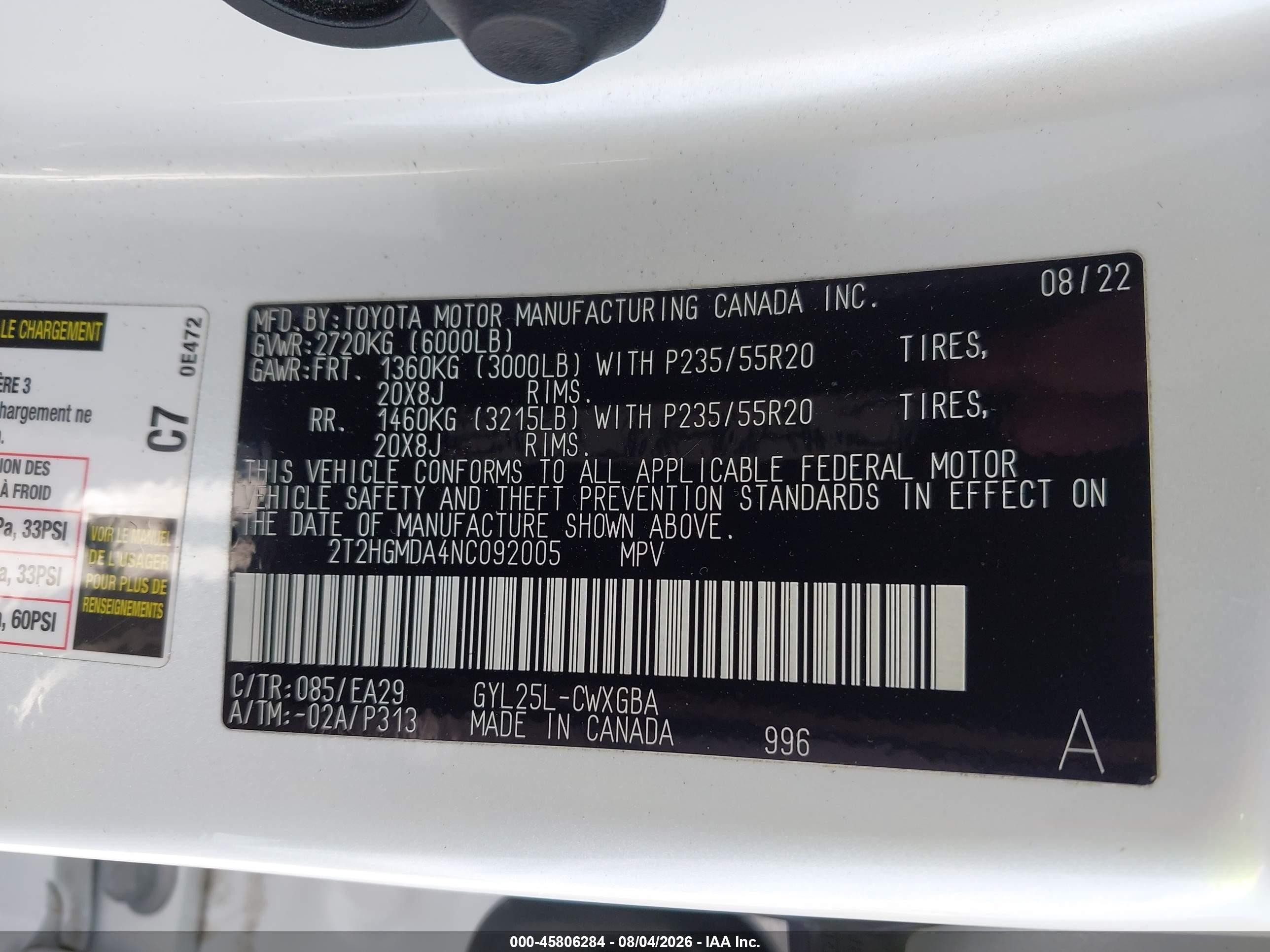 2022 Lexus Rx VIN 2T2HGMDA4NC092005 IAAI salvage auction — Front End, Salvage (California), sold $14,200 on 2026-09-05 (photo 9)