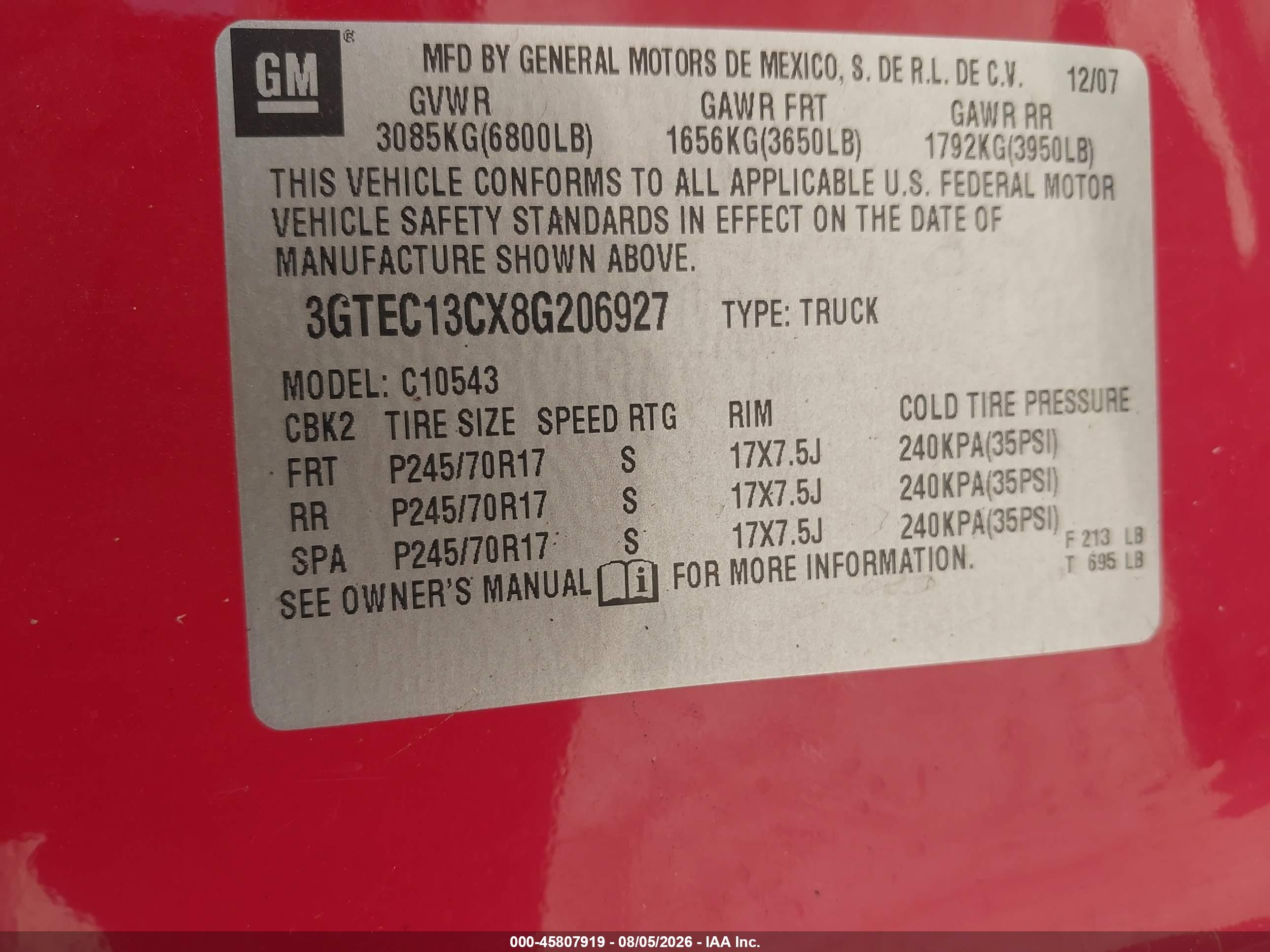 2008 Gmc Sierra 1500 VIN 3GTEC13CX8G206927 IAAI salvage auction — Front End, Original (Texas), sold $2,700 on 2026-09-11 (photo 9)