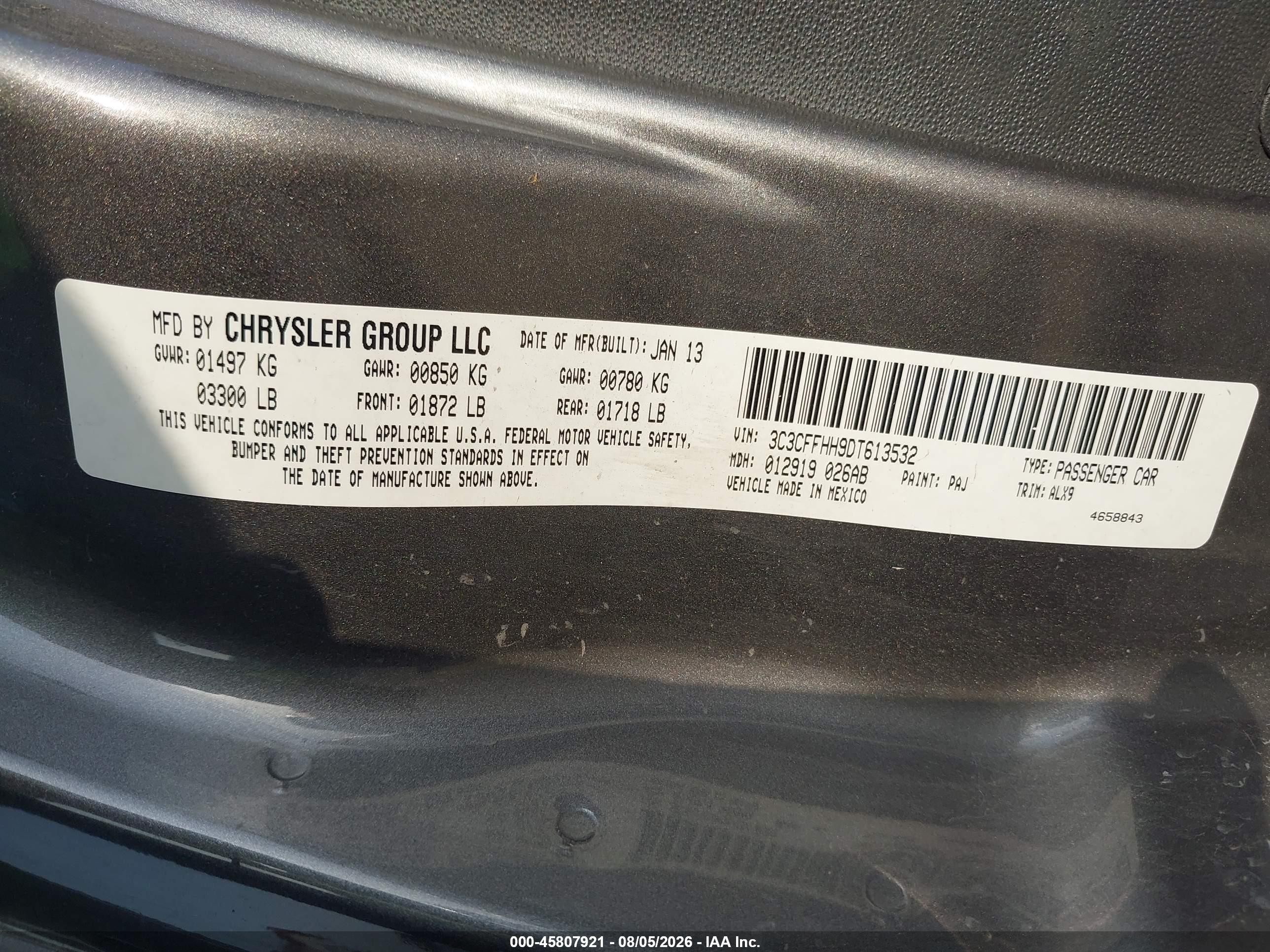 2013 Fiat 500 VIN 3C3CFFHH9DT613532 IAAI salvage auction — Normal Wear, Original (Texas), sold $1,000 on 2026-09-03 (photo 9)