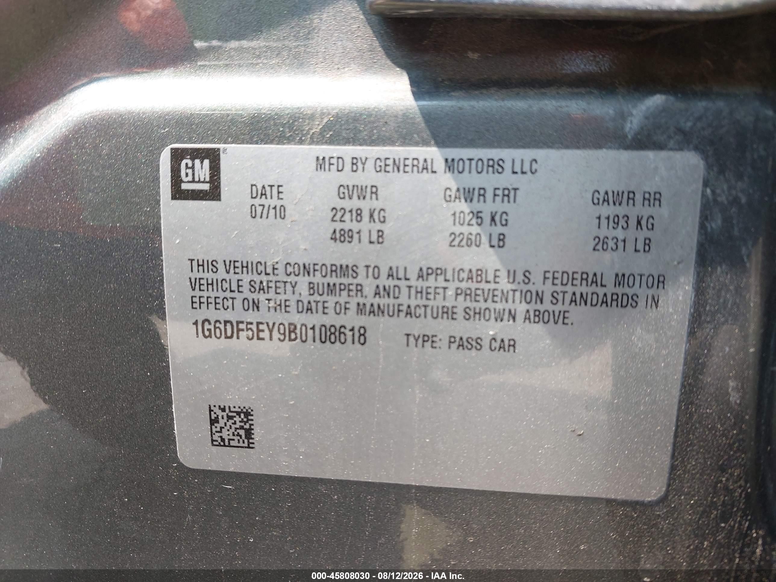 2011 Cadillac CTS VIN 1G6DF5EY9B0108618 IAAI salvage auction — Side, Wait Title, sold $600 on 2026-09-20 (photo 9)
