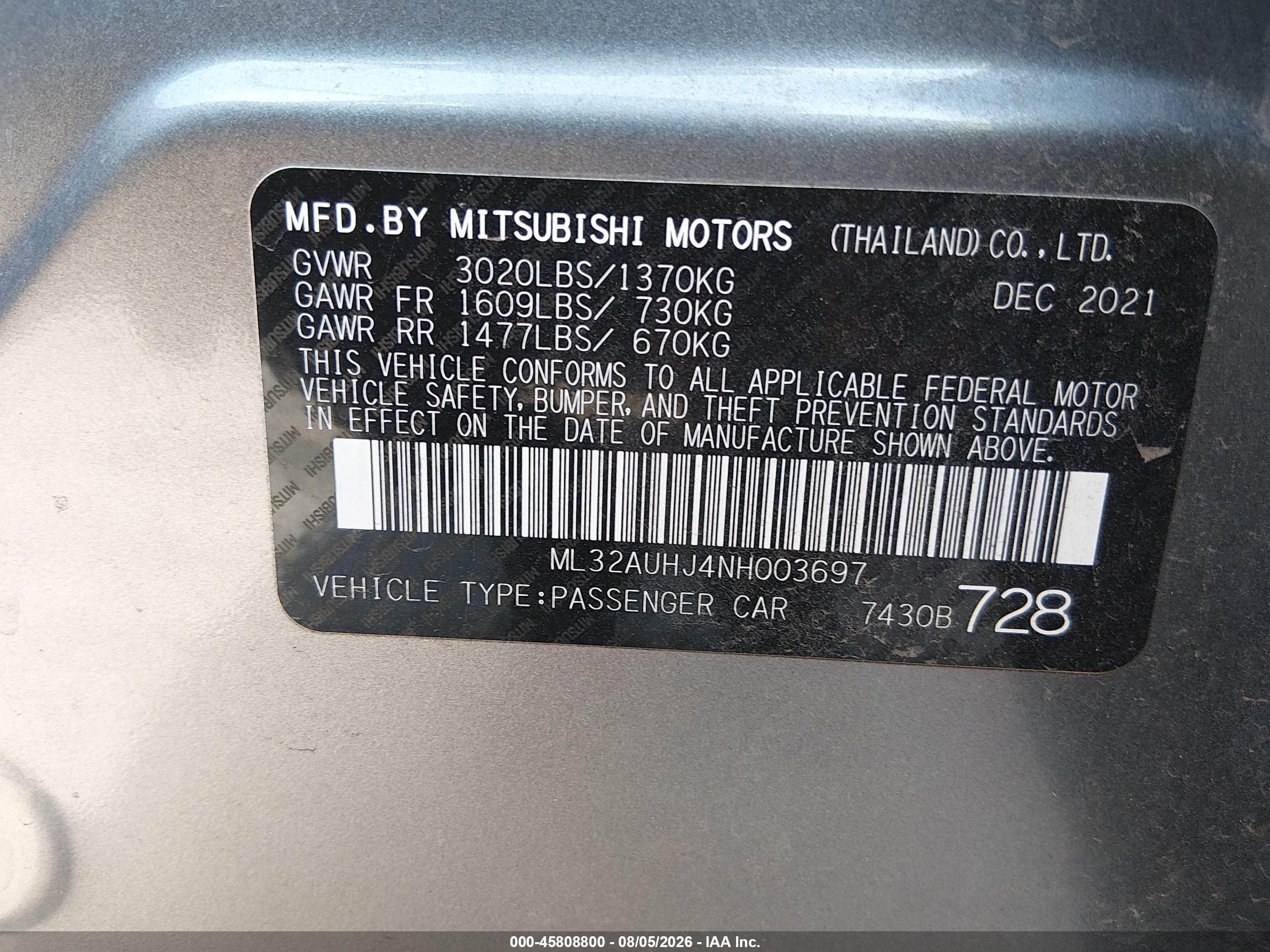 2022 Mitsubishi Mirage VIN ML32AUHJ4NH003697 IAAI salvage auction — Front End, Salvage (Arizona), sold $1,150 on 2026-09-25 (photo 9)