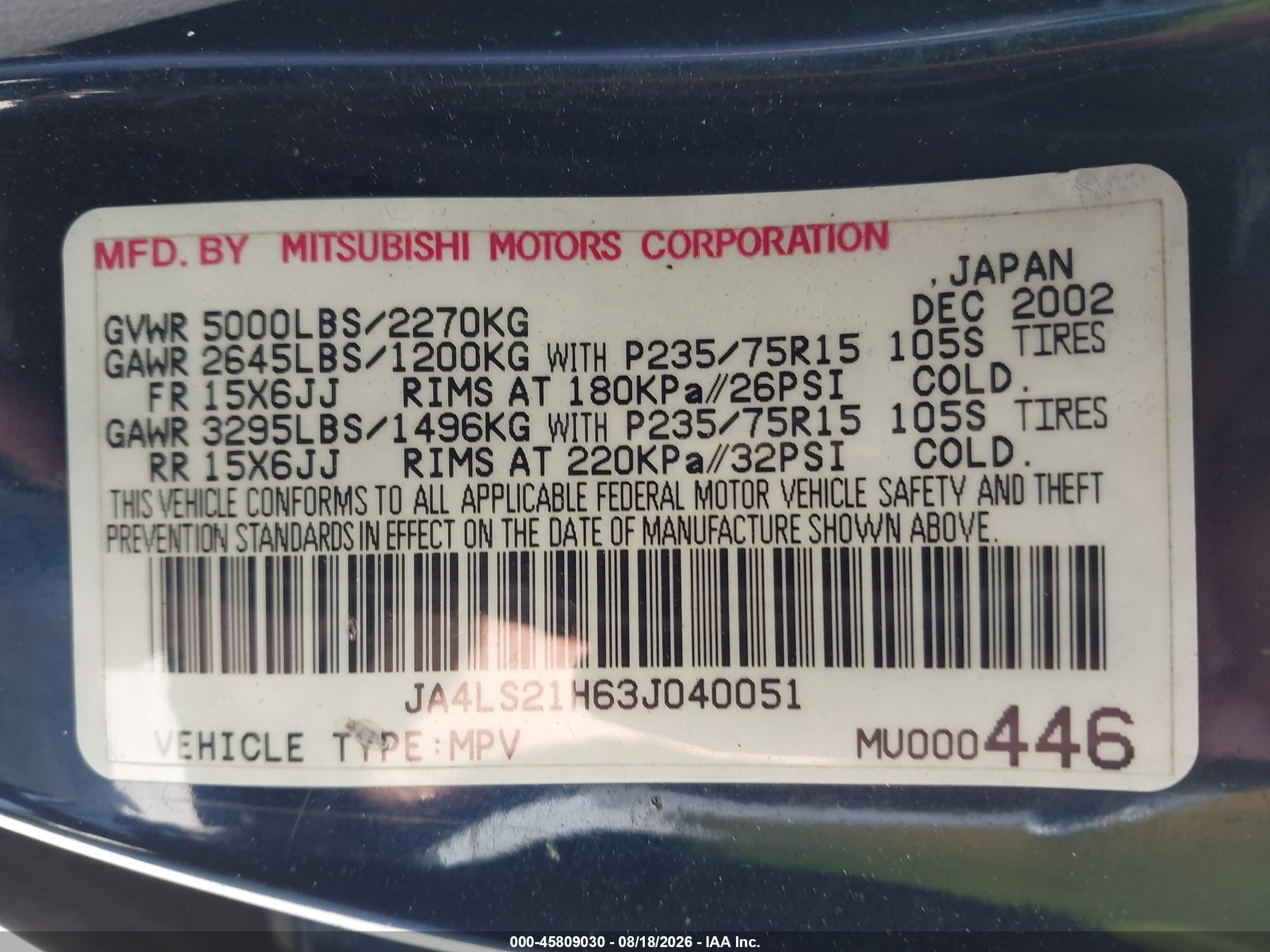 2003 Mitsubishi Montero VIN JA4LS21H63J040051 IAAI salvage auction — Front End, Rebuildable (Florida), sold $375 on 2026-09-17 (photo 9)