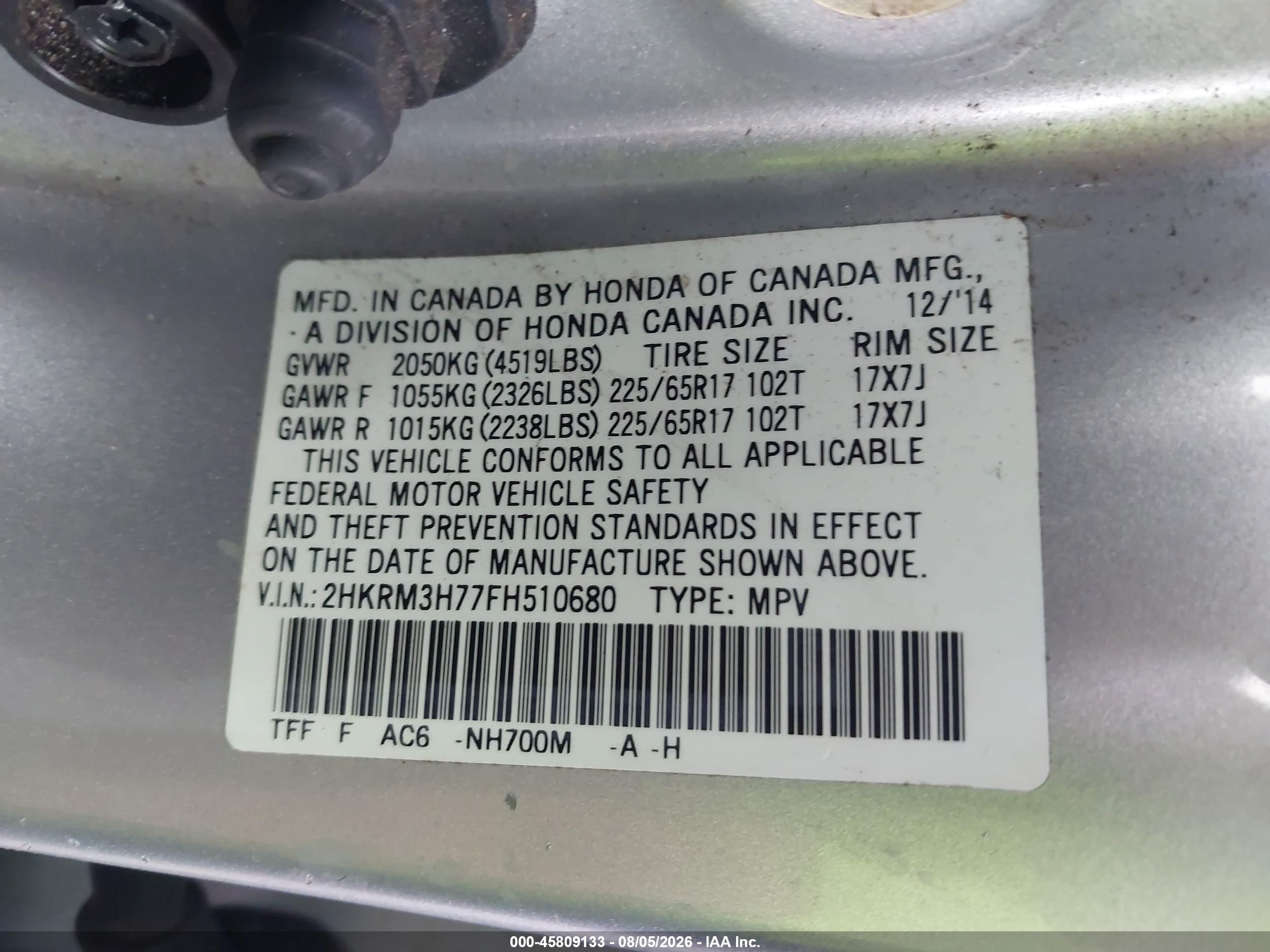 2015 Honda Cr-v VIN 2HKRM3H77FH510680 IAAI salvage auction — Normal Wear, Clear (Florida), sold $2,025 on 2026-09-08 (photo 9)
