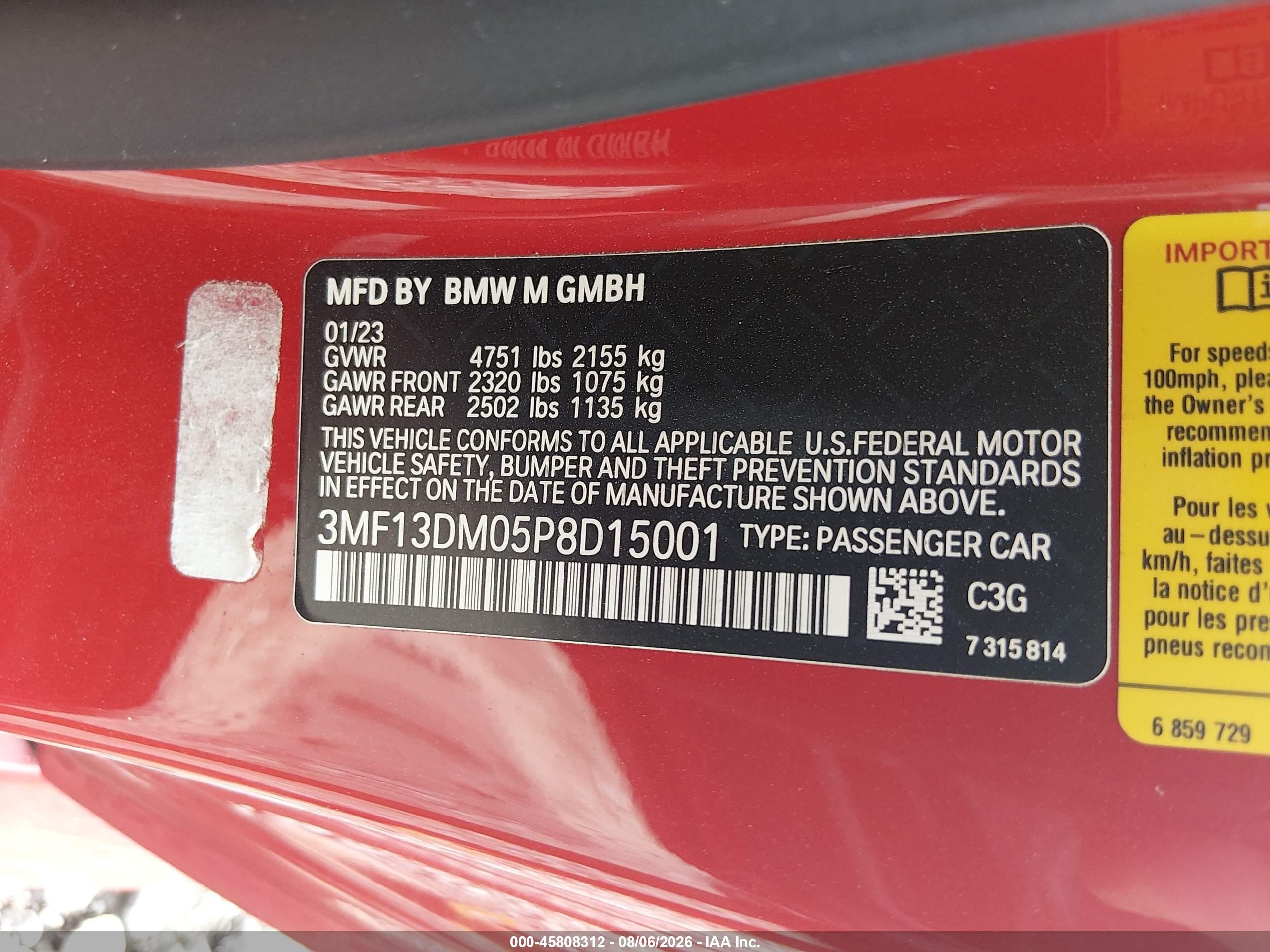 2023 BMW M2 VIN 3MF13DM05P8D15001 IAAI salvage auction — Front End, Salvage (Louisiana), sold $22,200 on 2026-09-13 (photo 9)