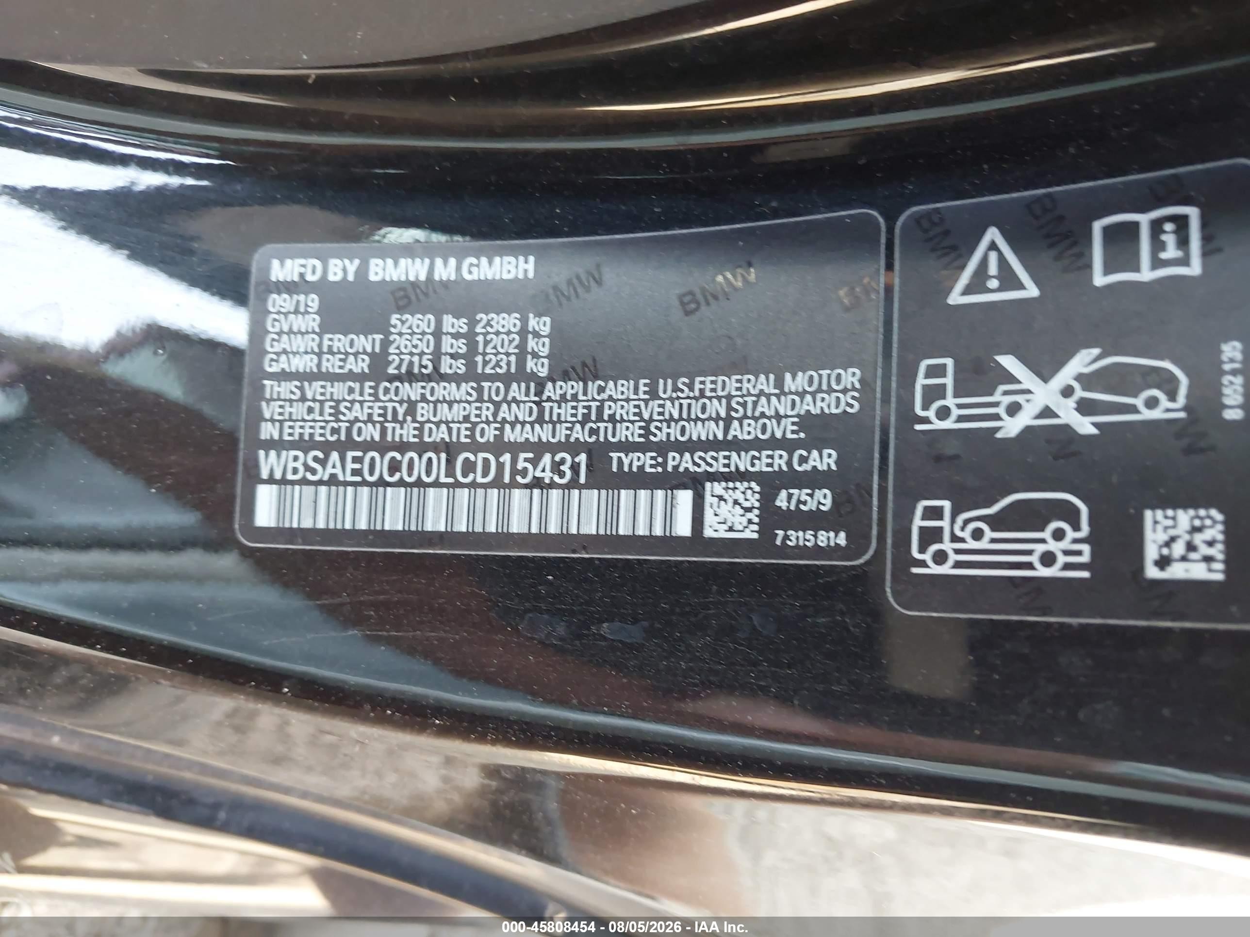 2020 BMW M8 VIN WBSAE0C00LCD15431 IAAI salvage auction — Side, Bill Of Sale (Washington), sold $23,500 on 2026-09-13 (photo 9)