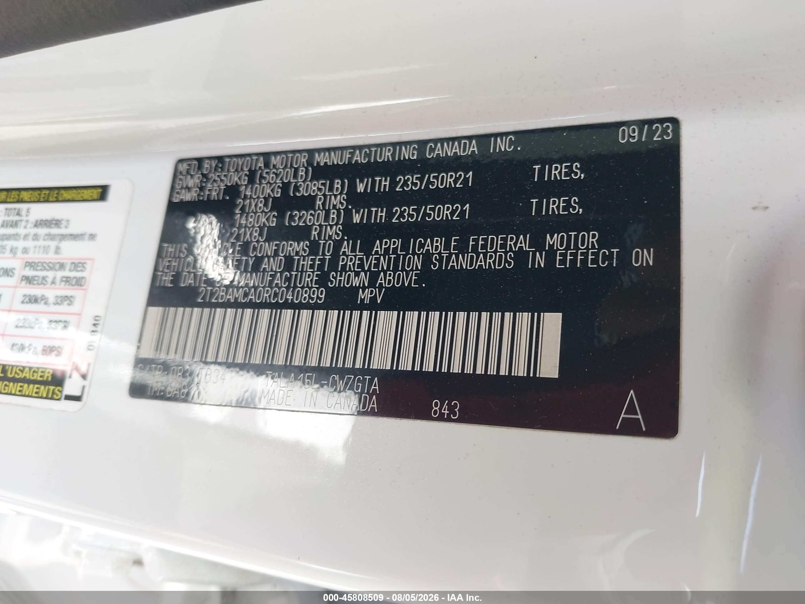 2024 Lexus Rx VIN 2T2BAMCA0RC040899 IAAI salvage auction — Side, Salvage Title (California), sold $30,300 on 2026-08-27 (photo 9)