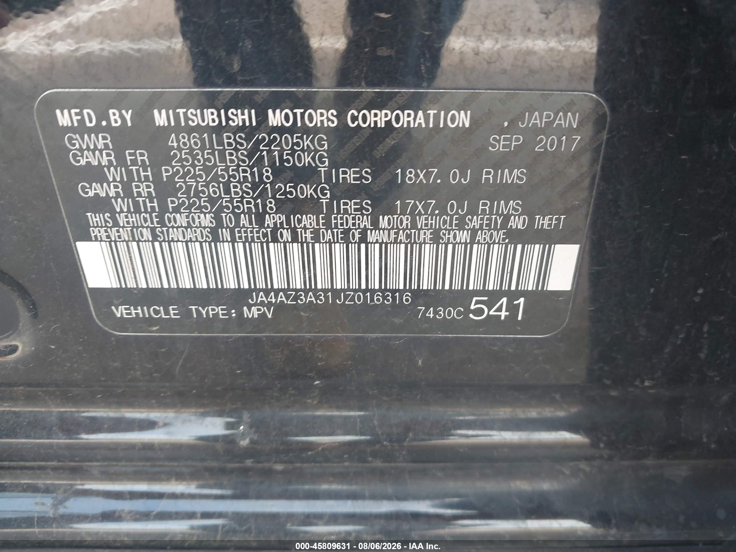2018 Mitsubishi Outlander VIN JA4AZ3A31JZ016316 IAAI salvage auction — Side, Regular (South Dakota), sold $2,200 on 2026-09-12 (photo 9)