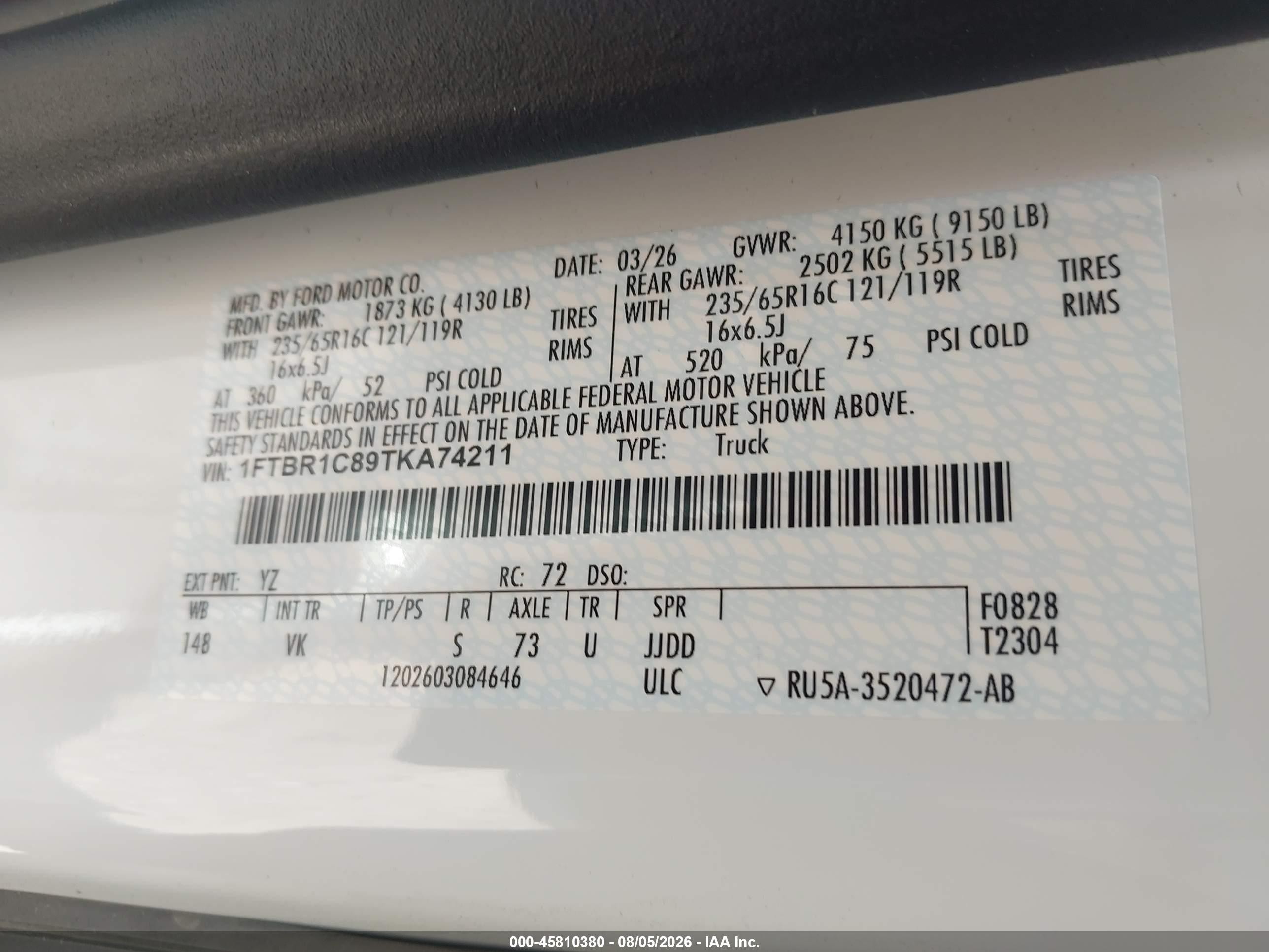 2026 Ford Transit VIN 1FTBR1C89TKA74211 IAAI salvage auction — Unknown, Enterprise Vehicles Clear Only (Texas), sold $24,600 on 2026-08-12 (photo 9)