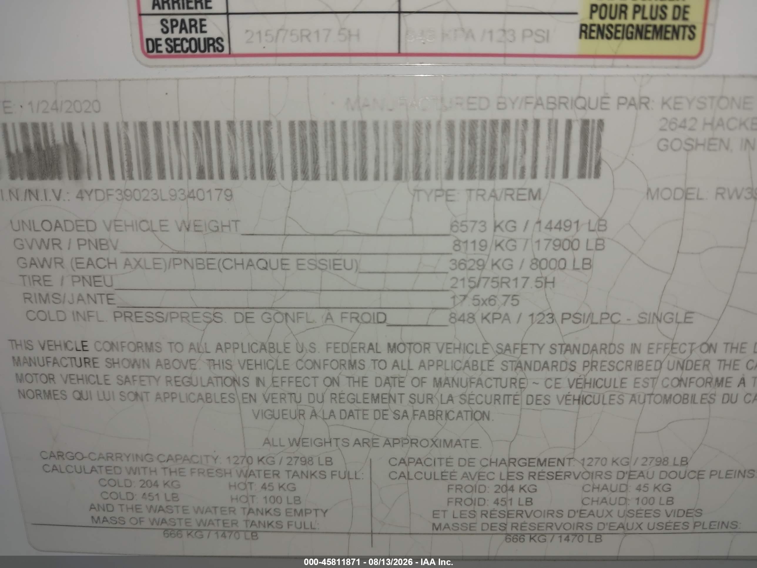 2020 Thor Other VIN 4YDF39023L9340179 IAAI salvage auction — Water/Flood, Certificate Of Destruction (Florida), sold $5,450 on 2026-09-28 (photo 9)