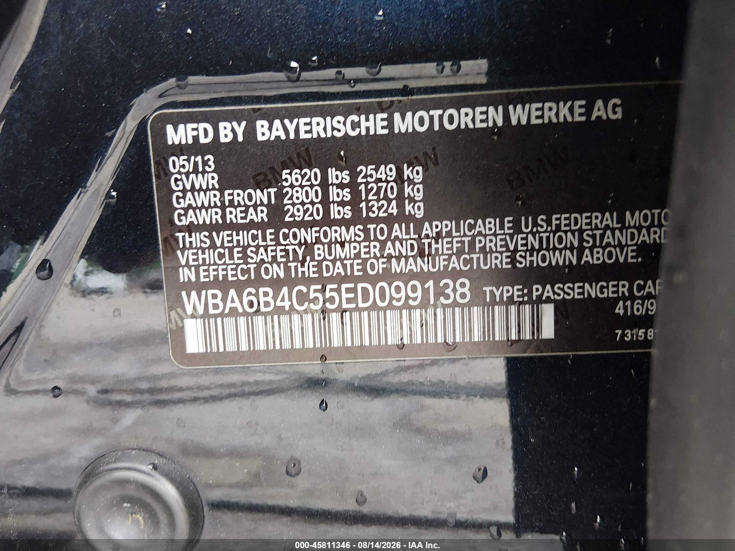 2014 BMW 6er VIN WBA6B4C55ED099138 IAAI salvage auction — Front End, Clear (Virginia), sold $2,200 on 2026-09-05 (photo 9)