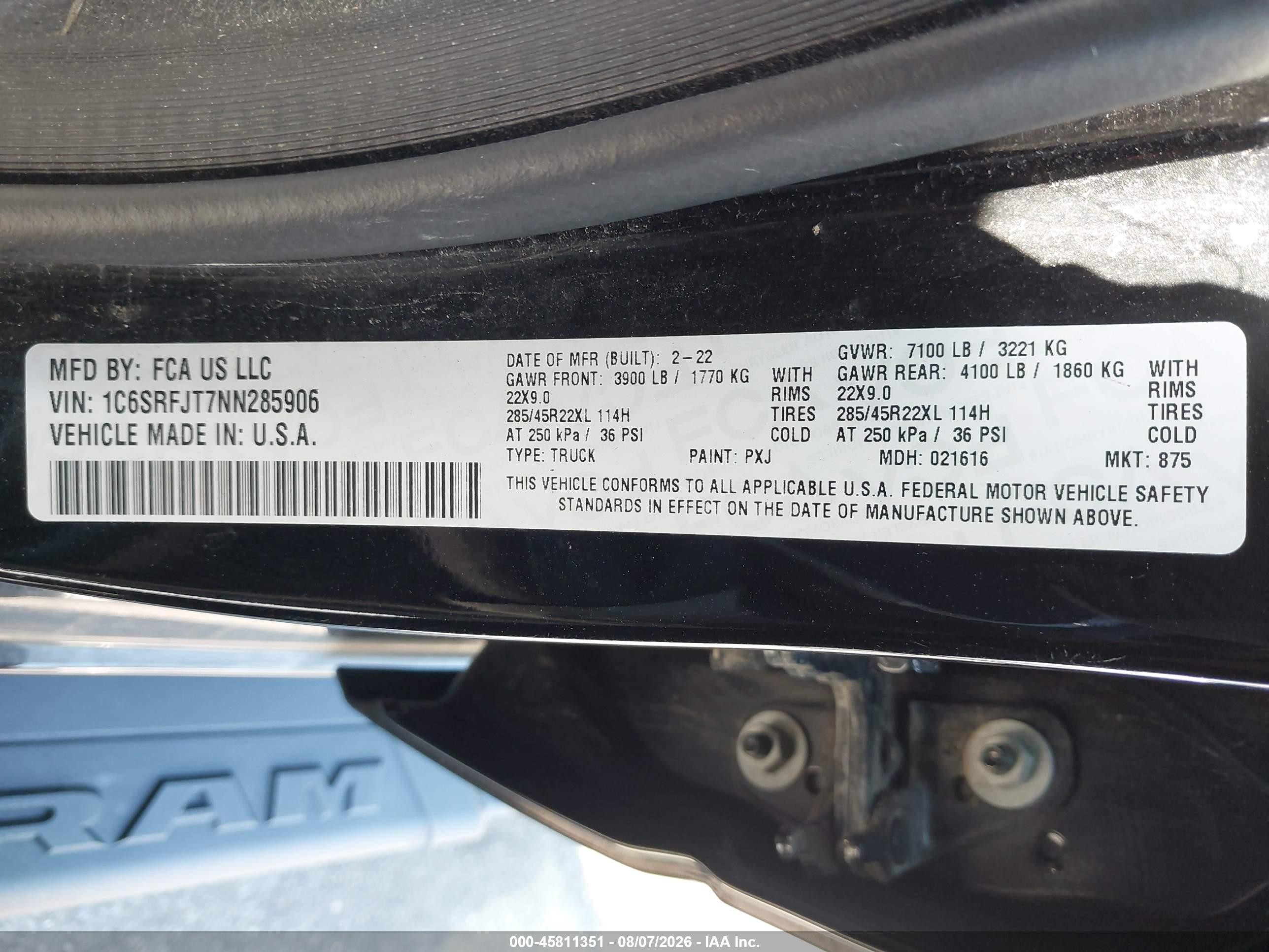 2022 Ram 1500 VIN 1C6SRFJT7NN285906 IAAI salvage auction — Unknown, Salvage (Pennsylvania), sold $11,700 on 2026-09-12 (photo 9)
