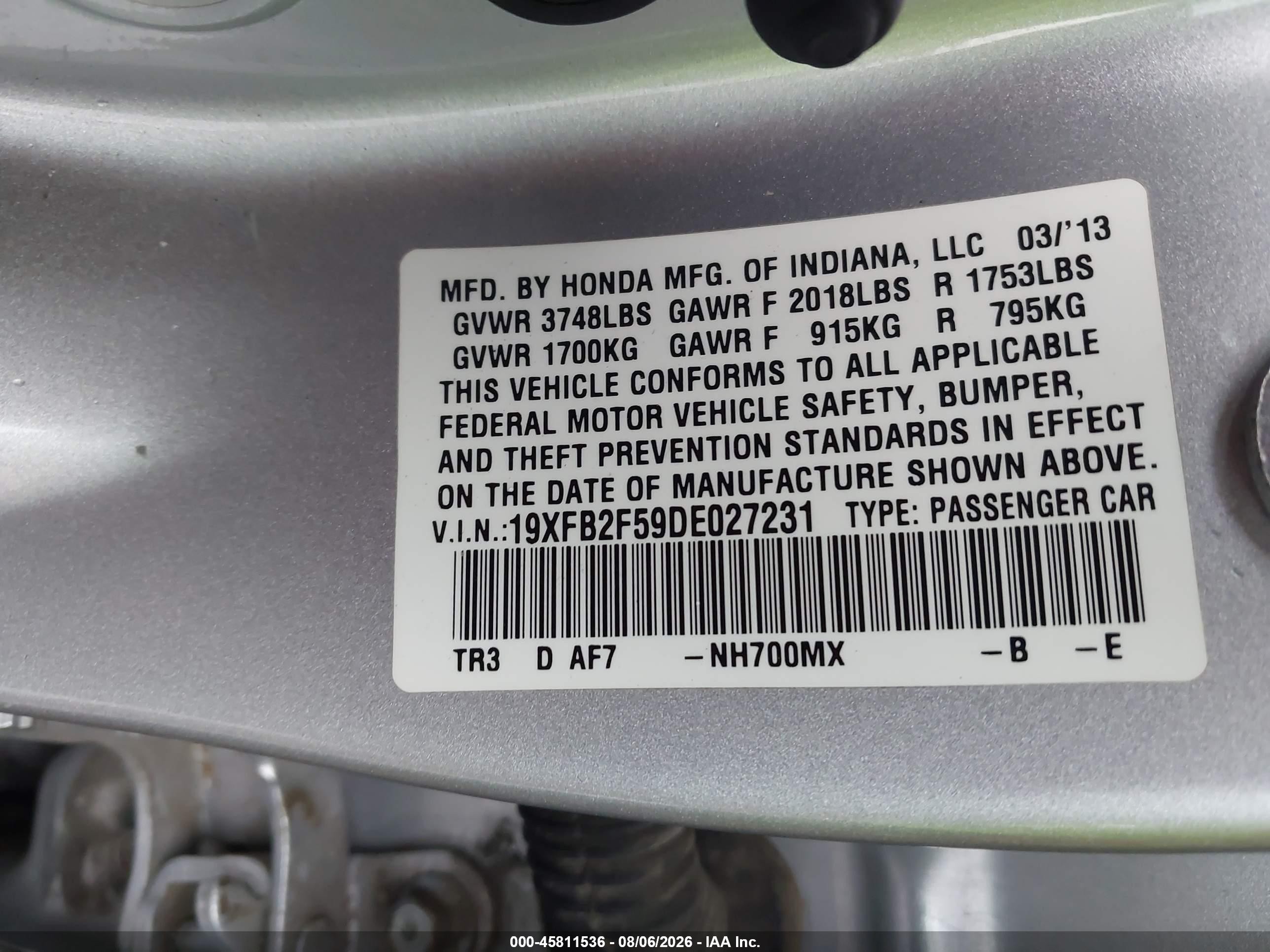 2013 Honda Civic VIN 19XFB2F59DE027231 IAAI salvage auction — Side, Salvage (Missouri), sold $800 on 2026-09-16 (photo 9)