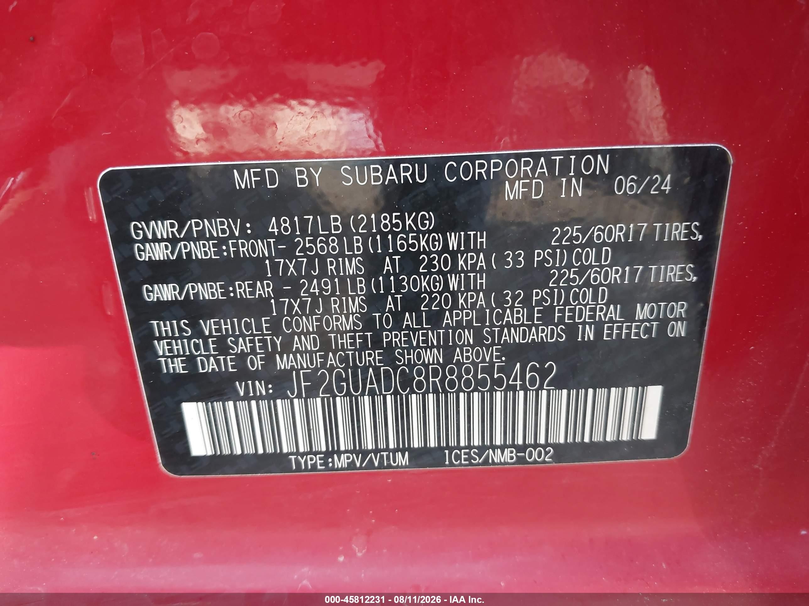 2024 Subaru Xv VIN JF2GUADC8R8855462 IAAI salvage auction — Front End, Salvage (Nebraska), sold $5,500 on 2026-10-02 (photo 9)