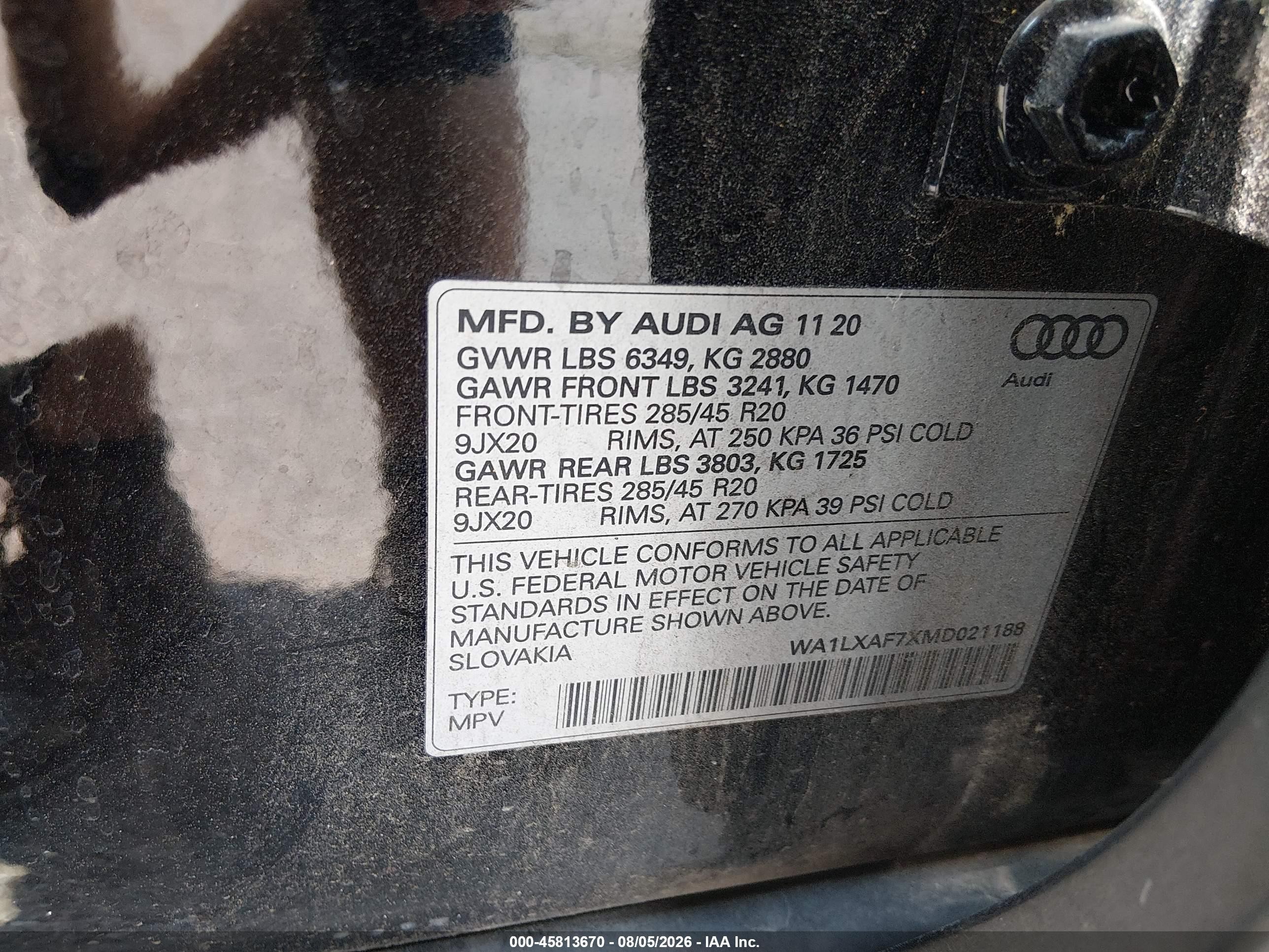 2021 Audi Q7 VIN WA1LXAF7XMD021188 IAAI salvage auction — Front End, Salvage (Mississippi), sold $11,000 on 2026-09-05 (photo 9)