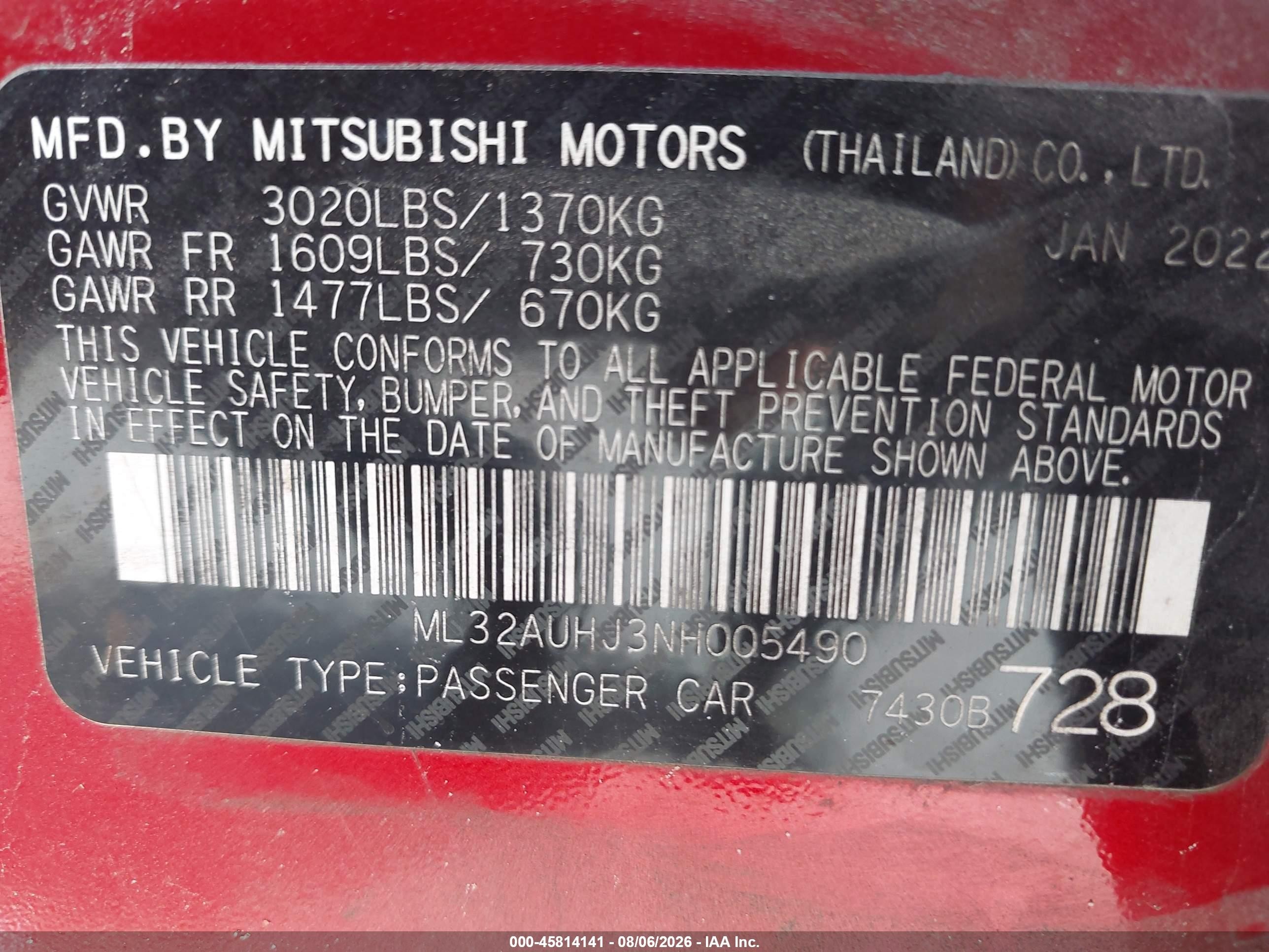 2022 Mitsubishi Mirage VIN ML32AUHJ3NH005490 IAAI salvage auction — Side, Certificate Of Destruction (Florida), sold $1,550 on 2026-09-11 (photo 9)