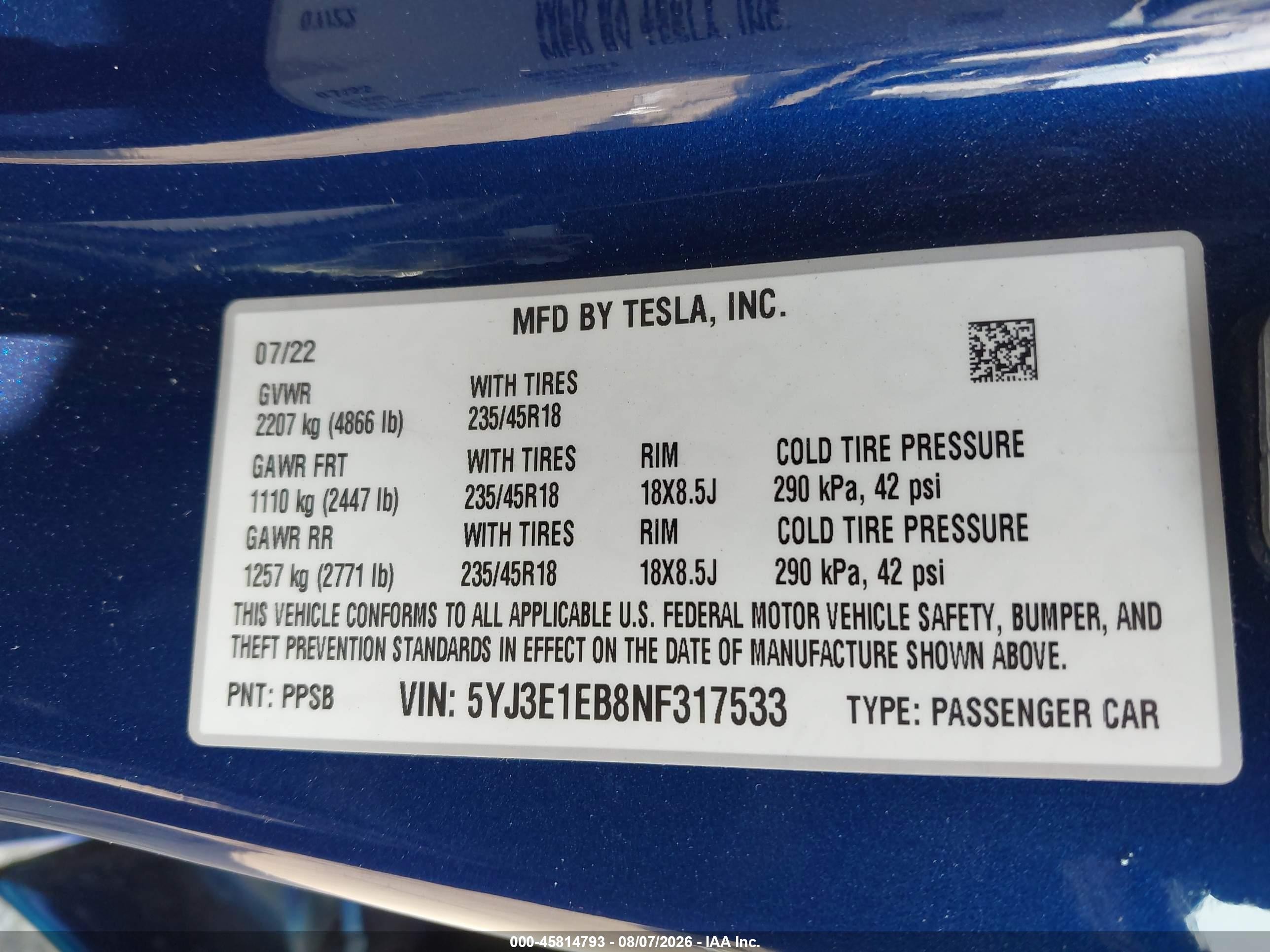 2022 Tesla Model 3 VIN 5YJ3E1EB8NF317533 IAAI salvage auction — Side, Salvage (California), sold $10,250 on 2026-10-09 (photo 9)