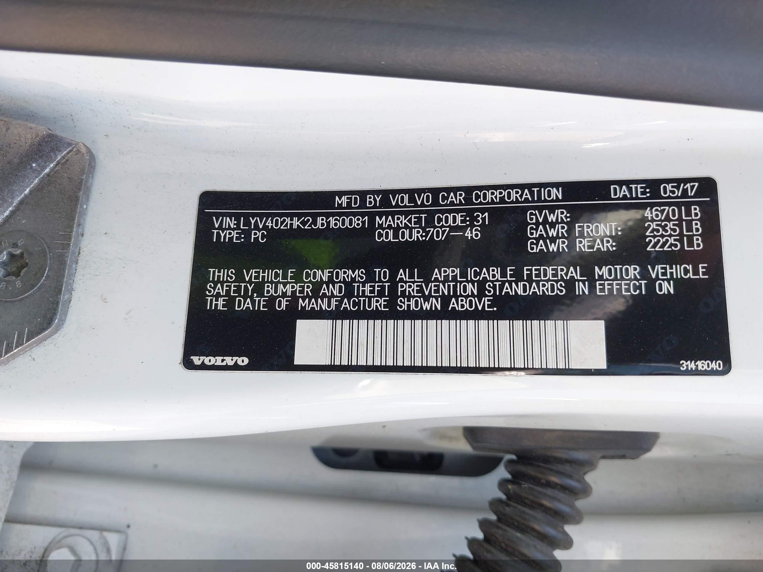 2018 Volvo VIN LYV402HK2JB160081 IAAI salvage auction — Normal Wear, Clear (Washington), sold $850 on 2026-08-26 (photo 9)