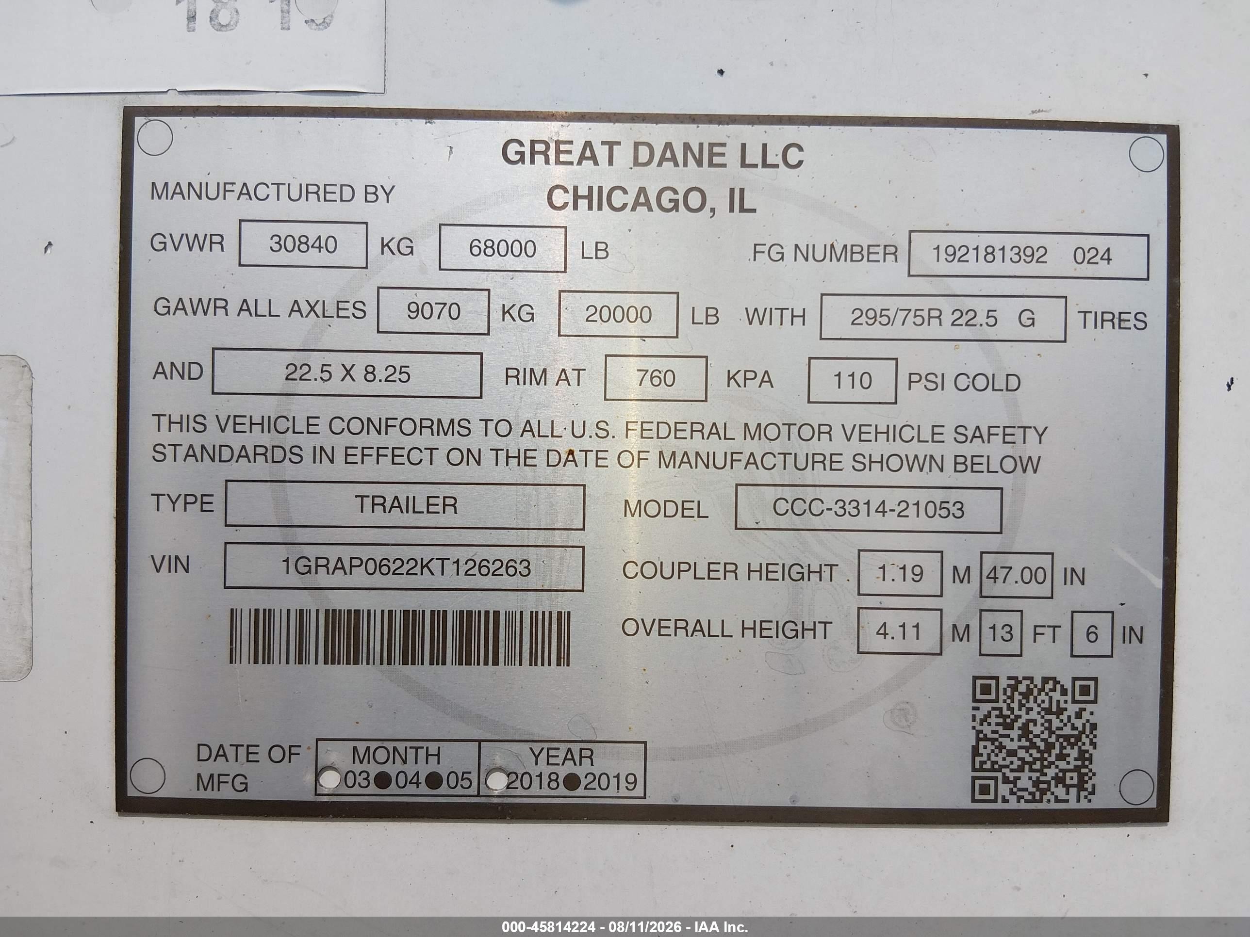 2019 Great dane trailers Unknown VIN 1GRAP0622KT126263 IAAI salvage auction — Storm Damage, Junk Bill Of Sale Mv2459 (Wisconsin), sold $2,900 on 2026-09-29 (photo 8)