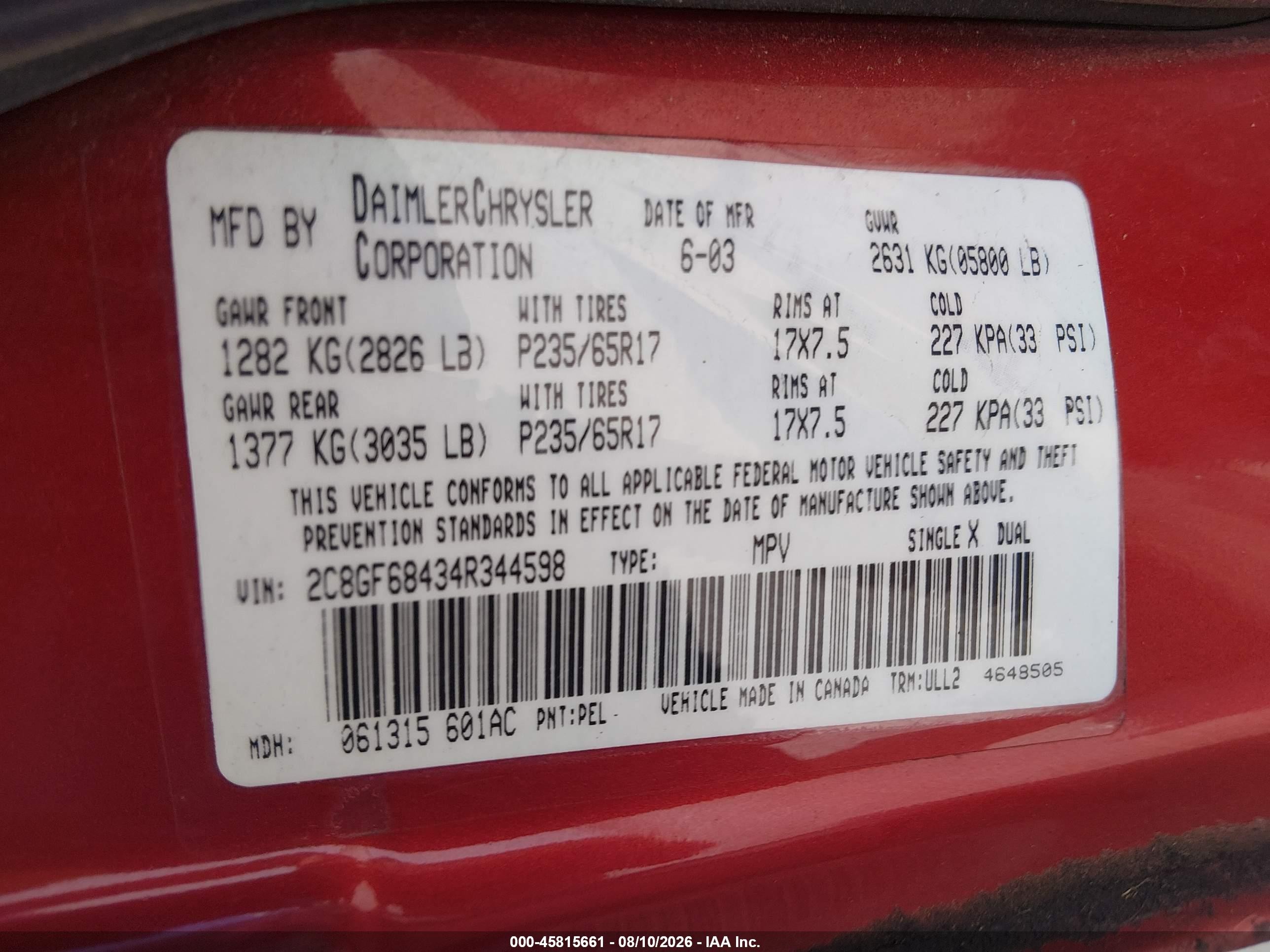 2004 Chrysler Pacifica VIN 2C8GF68434R344598 IAAI salvage auction — Front End, Wait Title, sold $700 on 2026-09-21 (photo 9)