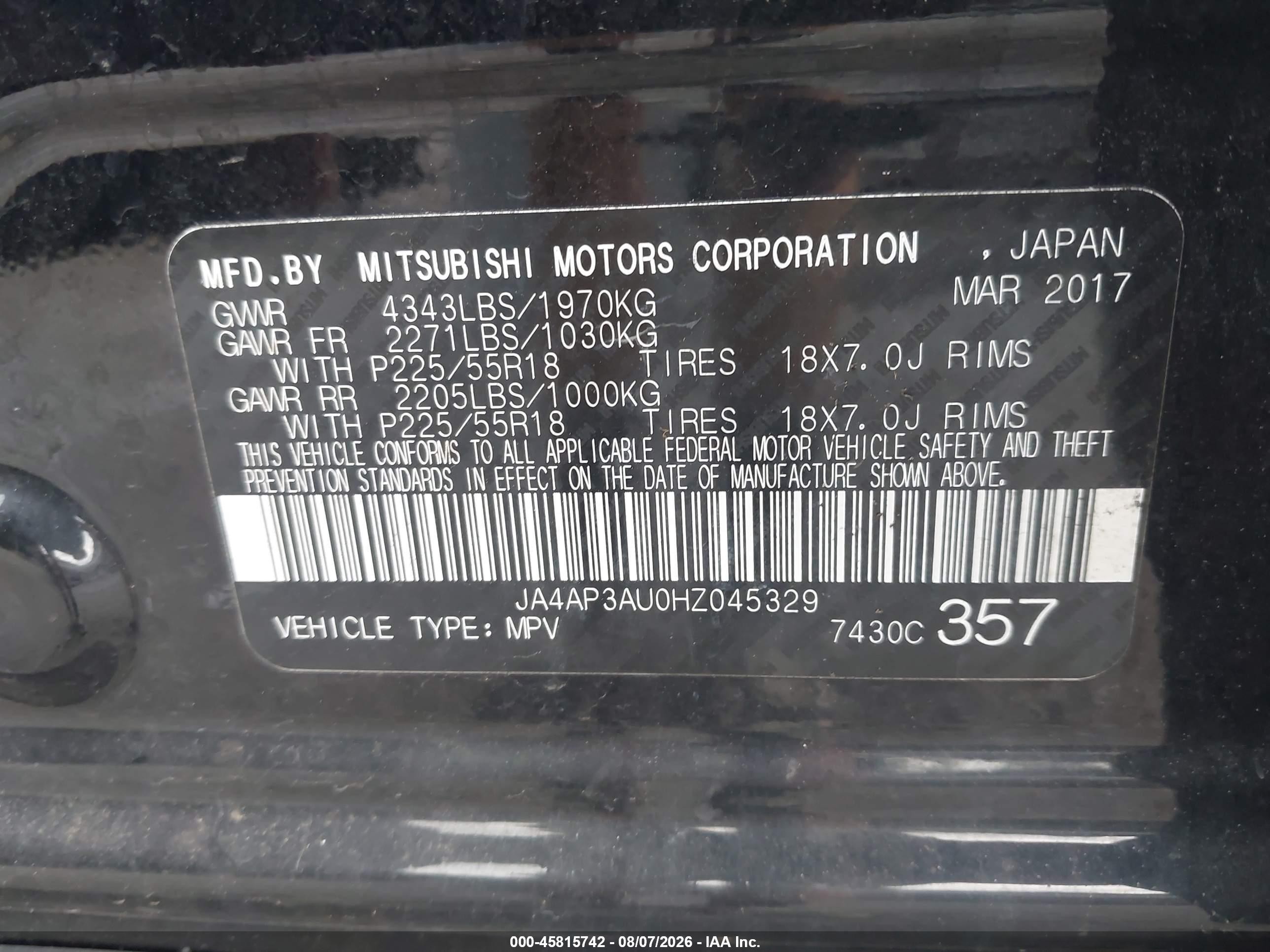 2017 Mitsubishi Outlander Sport VIN JA4AP3AU0HZ045329 IAAI salvage auction — Front End, Clear (Virginia), sold $925 on 2026-09-13 (photo 9)